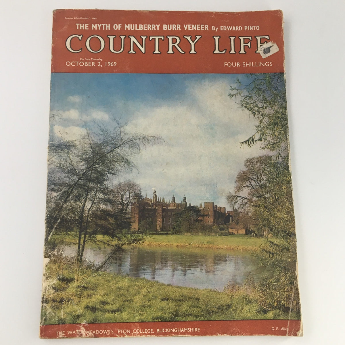 Cover of VTG Country Life Magazine from October 2, 1969 featuring the article "Myth of Mulberry Burn Veneer", showcasing a scenic view of The Water Meadows near Eton College, Buckinghamshire.