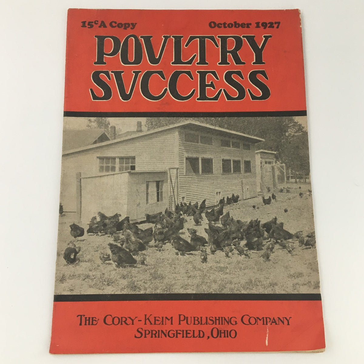 Cover of VTG Poultry Success Magazine October 1927 showcasing poultry farming with chickens in front of a barn, published by The Cory-Keim Publishing Company.