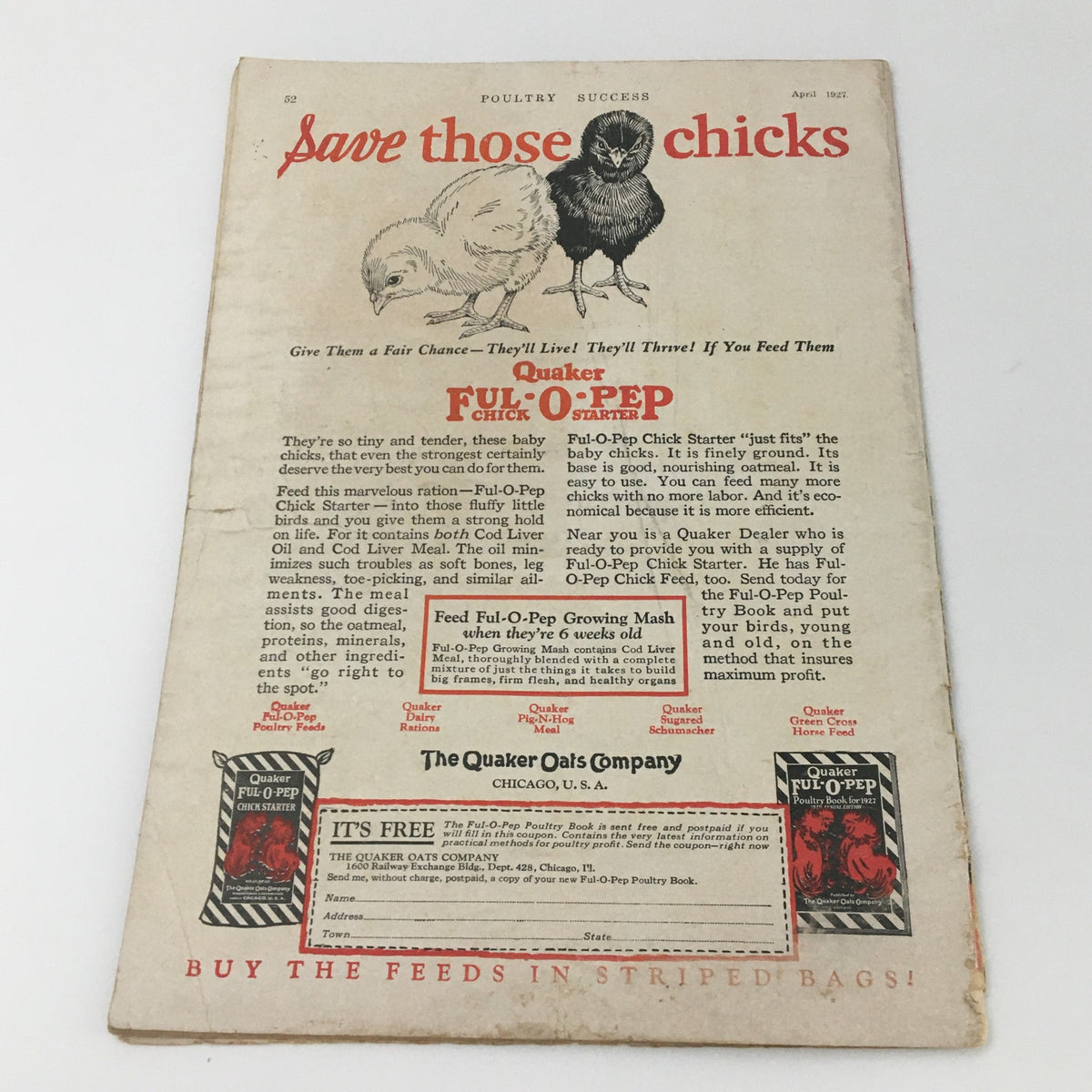 Cover page of VTG Poultry Success Magazine April 1927, emphasizing the call to action to save chicks with detailed advertising on poultry feed.