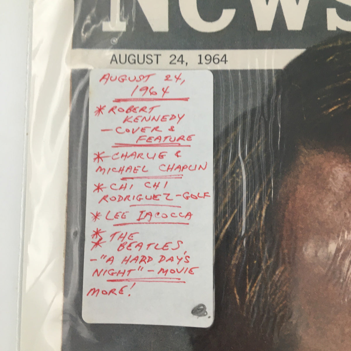 Detail of the VTG Newsweek Magazine August 24 1964 with handwritten notes highlighting Robert Kennedy's cover feature and additional topics like The Beatles and golf.