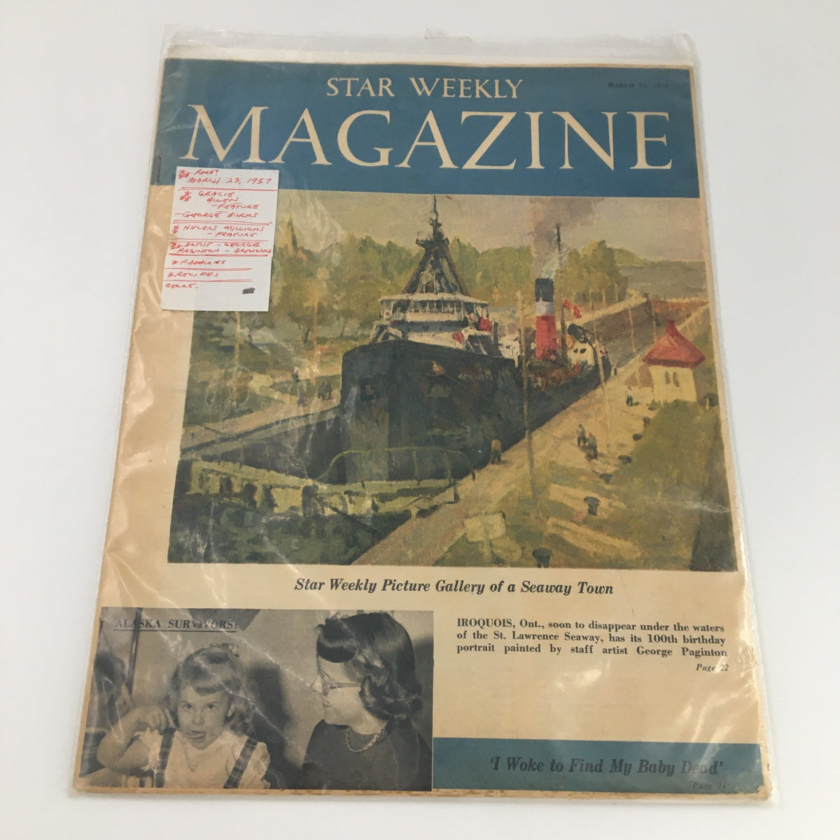 Star Weekly Magazine March 23 1957 displaying the cover art of a seaway town, noted for featuring Gracie Allen and George Burns.