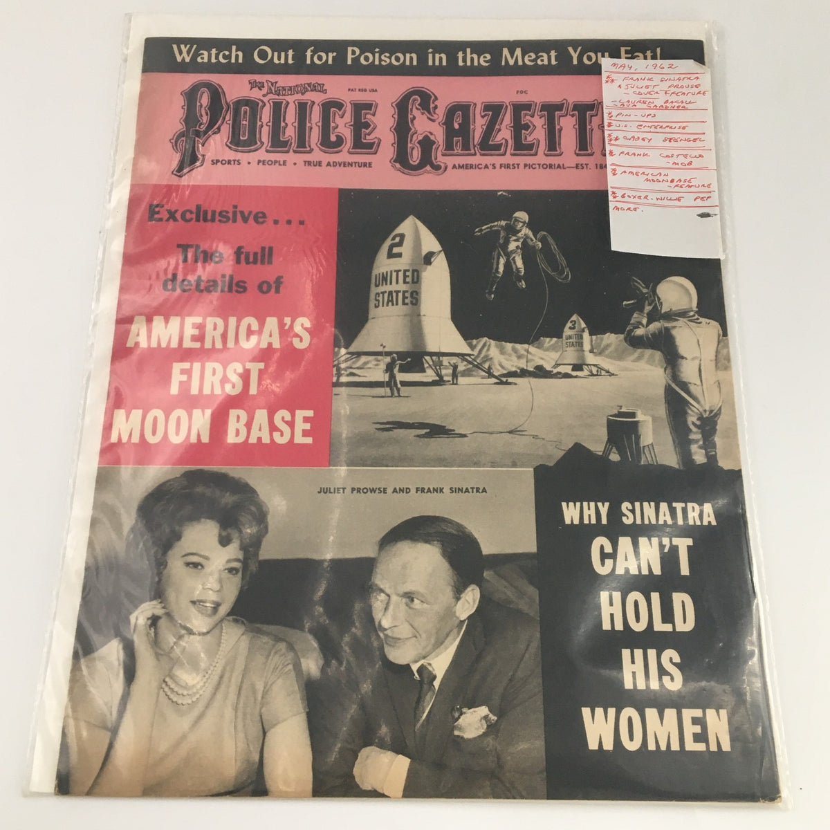 Vintage VTG Police Gazette Magazine from May 1962 featuring Frank Sinatra and Julie Prowse on the cover. This collectible magazine showcases iconic early 60s entertainment.