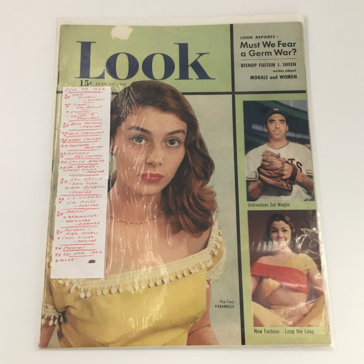 Cover of VTG Look Magazine July 29 1952 featuring actress Pier Angeli, showcasing vintage style and cultural elements from the 1950s.