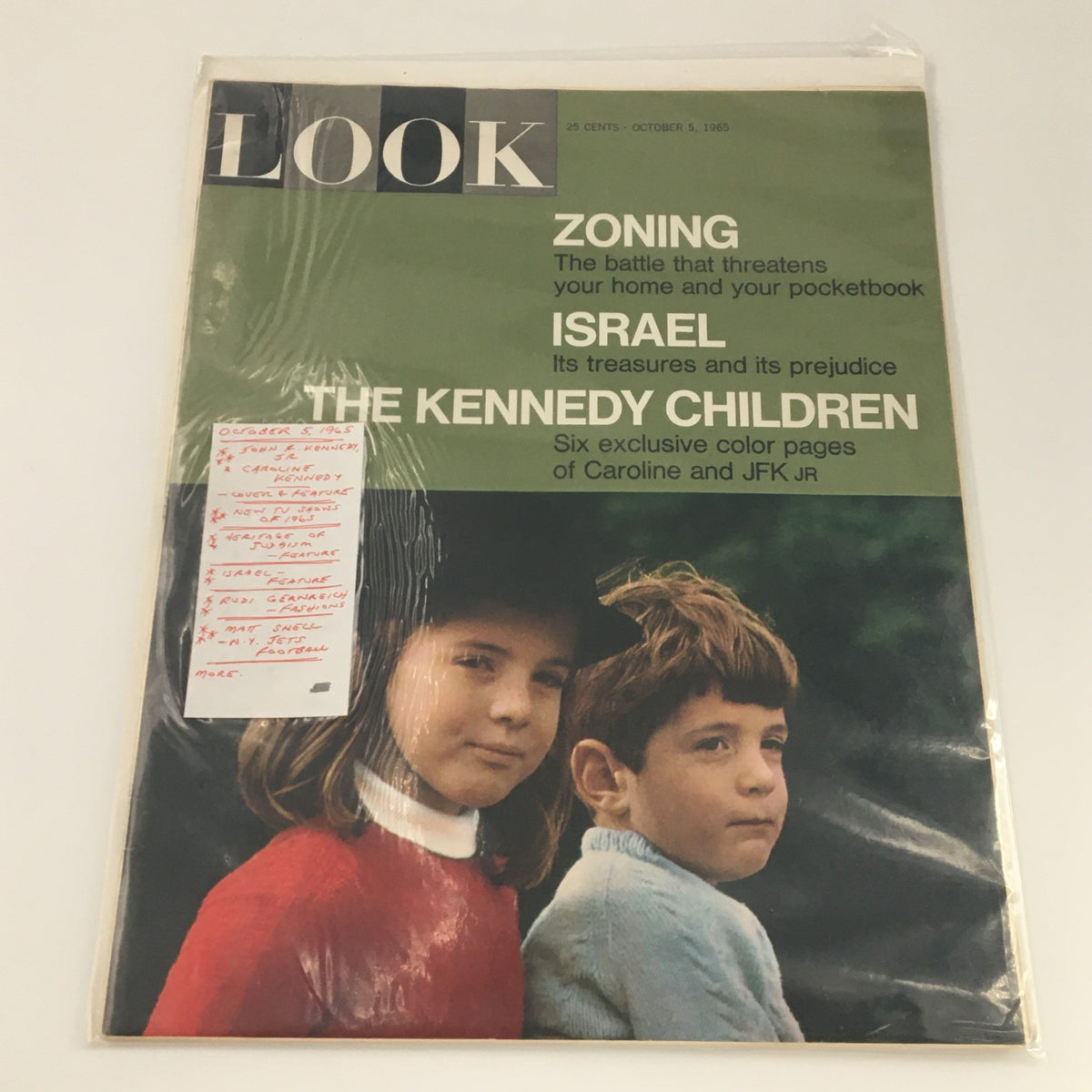 Cover of Look Magazine October 5 1965 with John F. Kennedy Jr. and Caroline Kennedy, highlighting articles on zoning, Israel, and featuring six exclusive color pages of the Kennedy children.