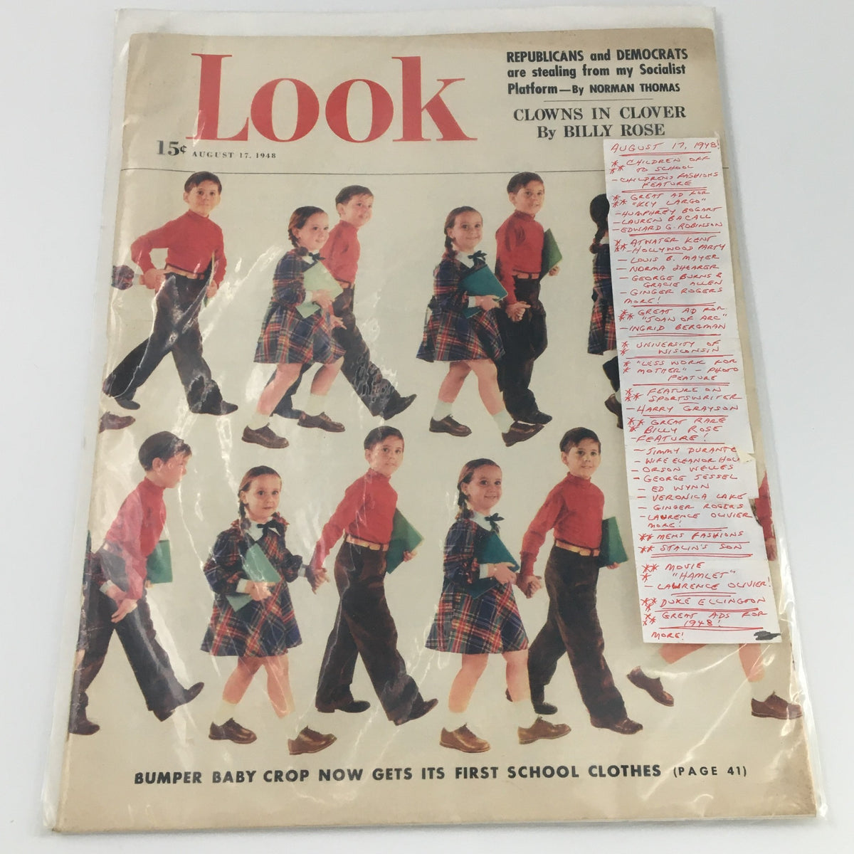 VTG Look Magazine August 17, 1948 cover featuring children off to school, with handwritten notes and details for collectors.