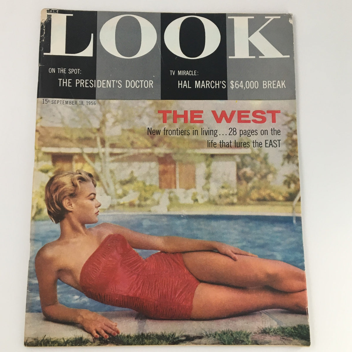 VTG Look Magazine September 18 1956 Swimsuit Model Cover showcasing a stunning model in a red swimsuit, reflecting mid-20th-century fashion and culture.