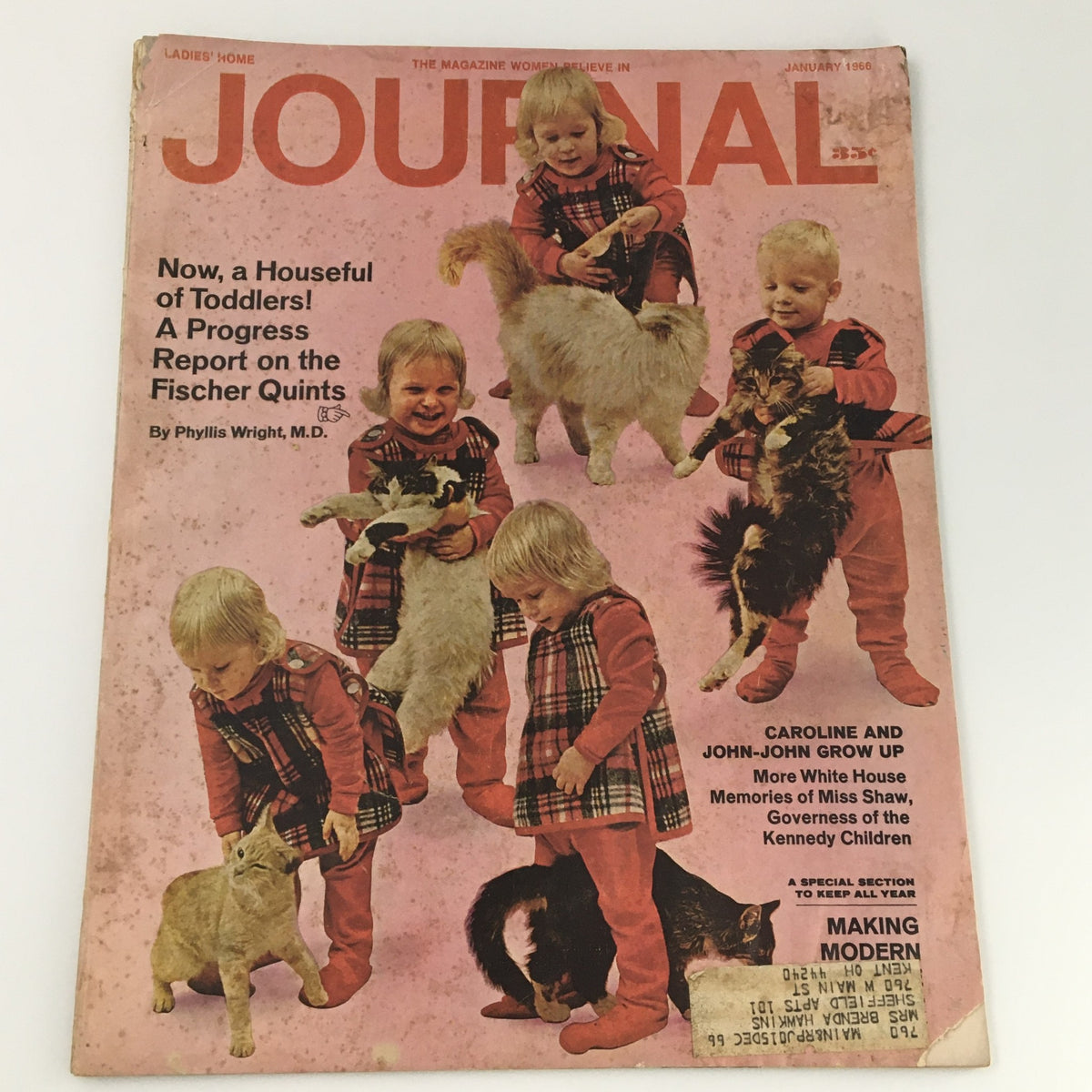 VTG Journal Magazine from January 1966 featuring a nostalgic cover with children playing with pets, highlighting the theme 'Caroline and John-John Grow Up.' This vintage publication is a collectible piece of American history.