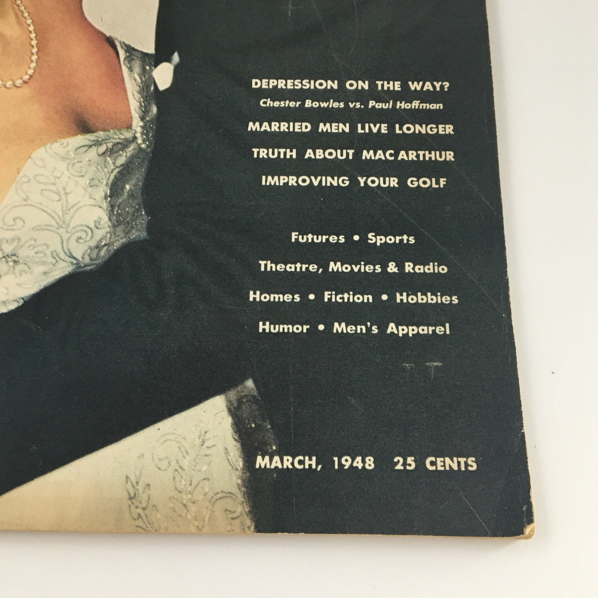 Detail of the VTG Pic For Young Men Magazine March 1948 cover highlighting headlines such as 'Truth About MacArthur' and 'Married Men Live Longer'.