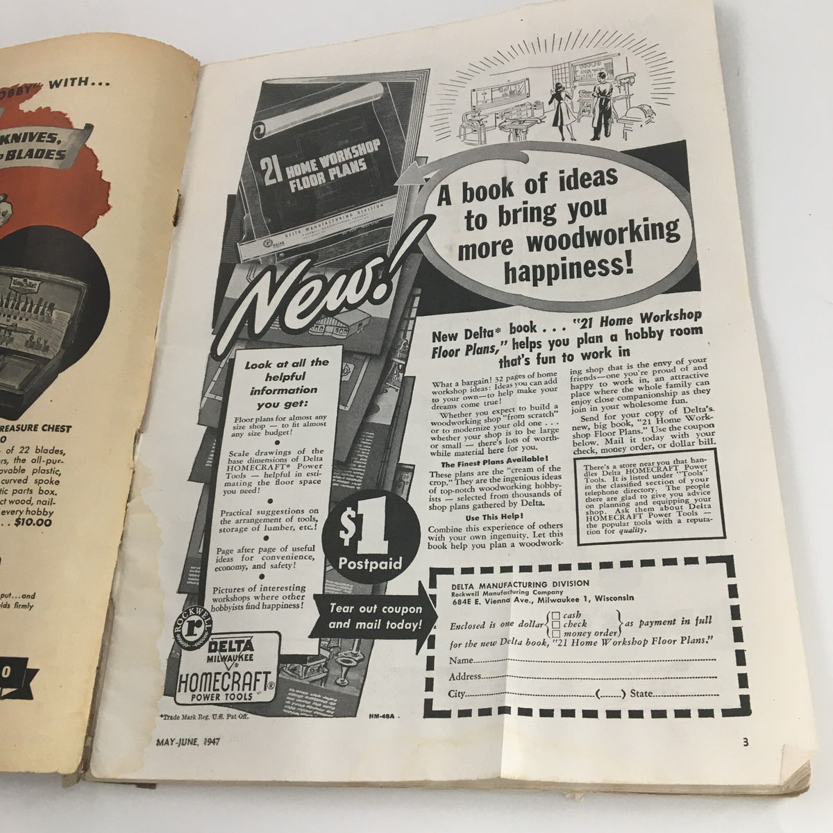Page from VTG The Home Craftsman Magazine May-June 1947 showcasing an advertisement for woodworking plans, highlighting 21 home workshop floor plans and DIY ideas for home crafts.