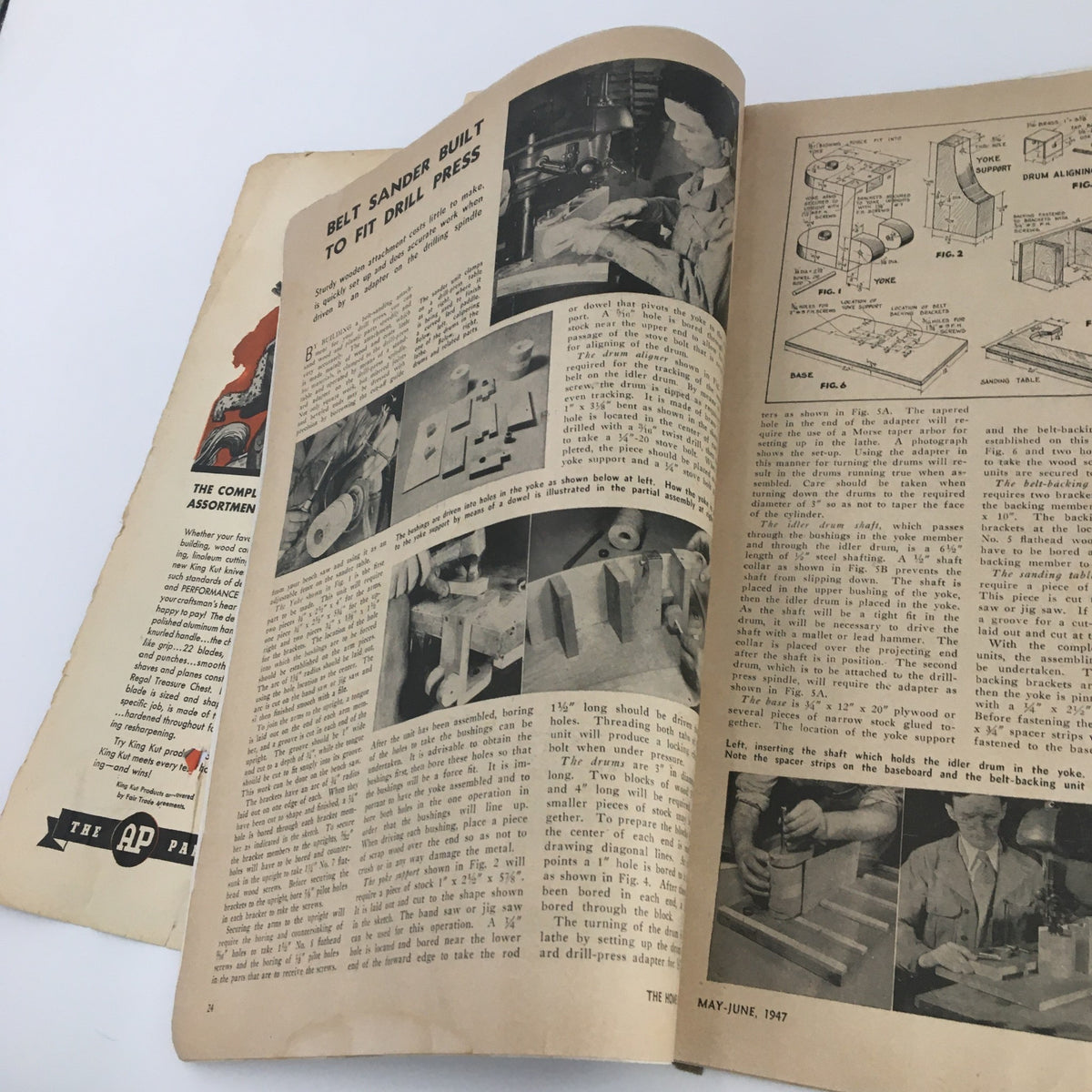 Inside view of VTG The Home Craftsman Magazine May-June 1947 featuring a detailed article about building a belt sander tailored to fit a drill press, with illustrations and instructions.