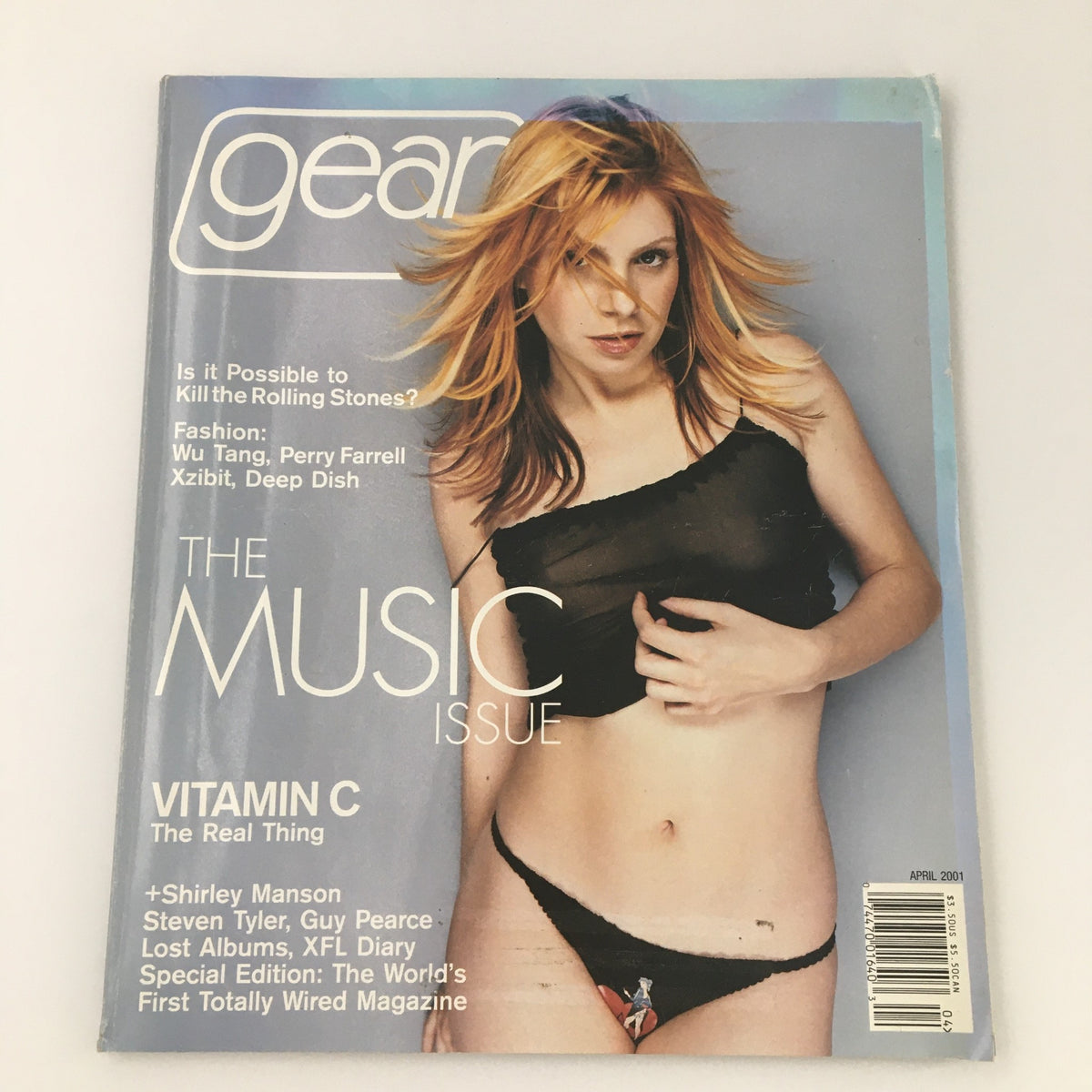 Cover of Gear Magazine April 2001 featuring Singer Vitamin C in a black top, celebrated as the Music Issue with notable artists Shirley Manson and Steven Tyler.