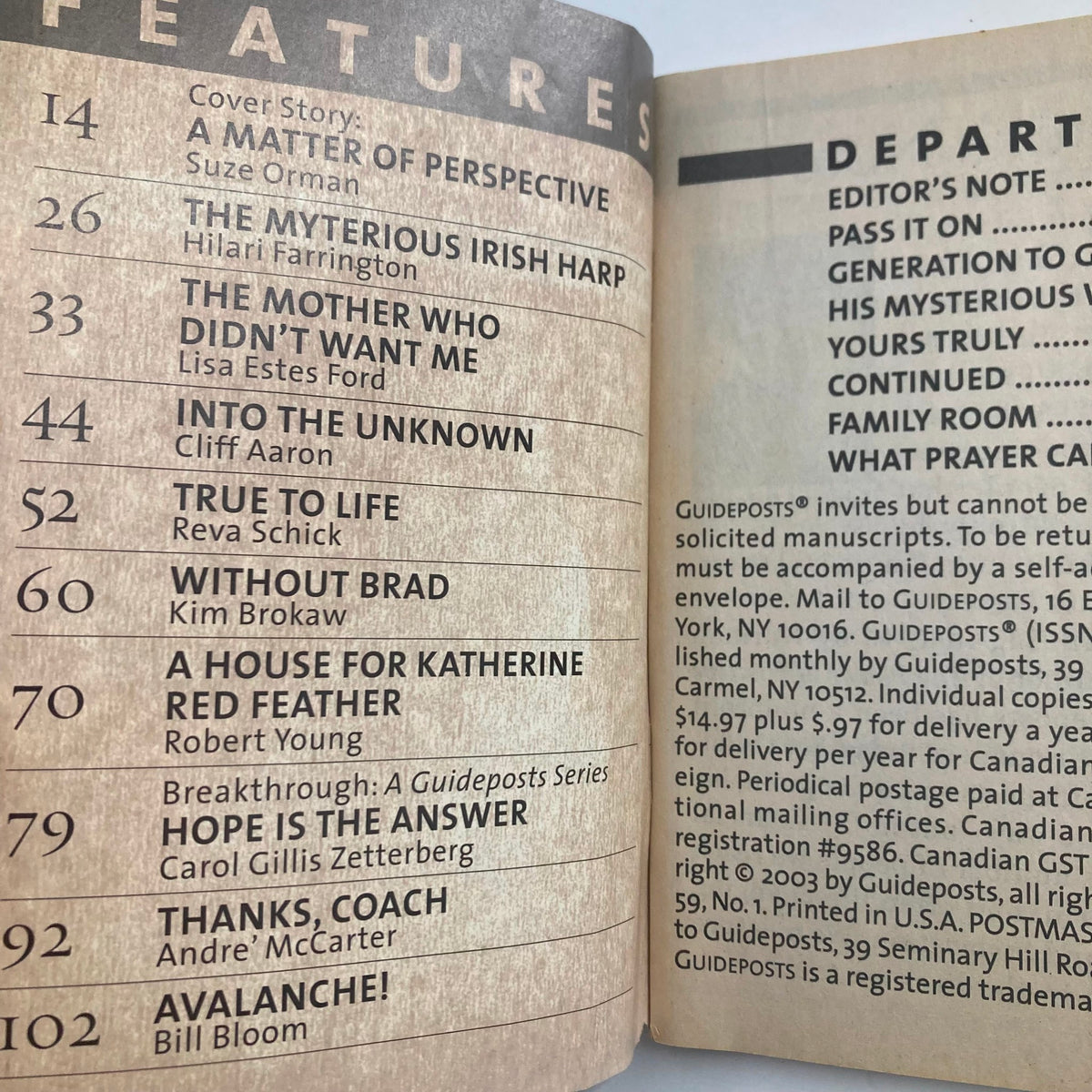 Table of contents from Guideposts Magazine March 2004 highlighting features including Suze Orman's contribution on spirituality and financial wellness.