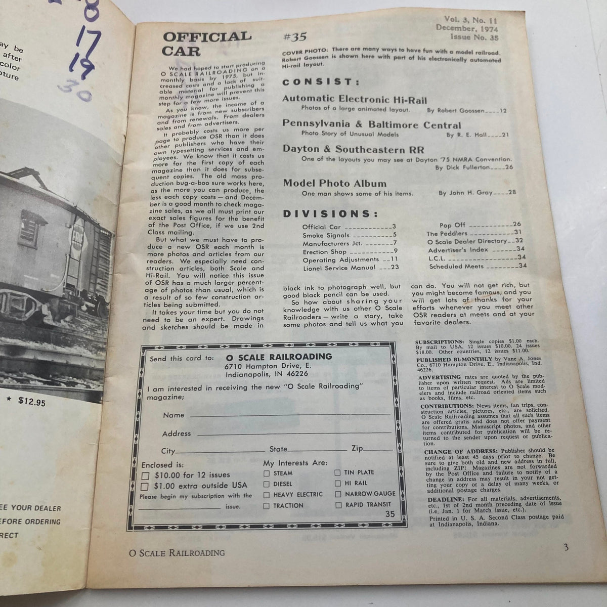 Inside page of VTG O Scale Railroading Magazine, December 1974, issue number 35, featuring a detailed list of contents including articles on Automatic Electronic Hi-Rail, Pennsylvania & Baltimore Central, and Daytona & Southeastern RR, along with subscription information.