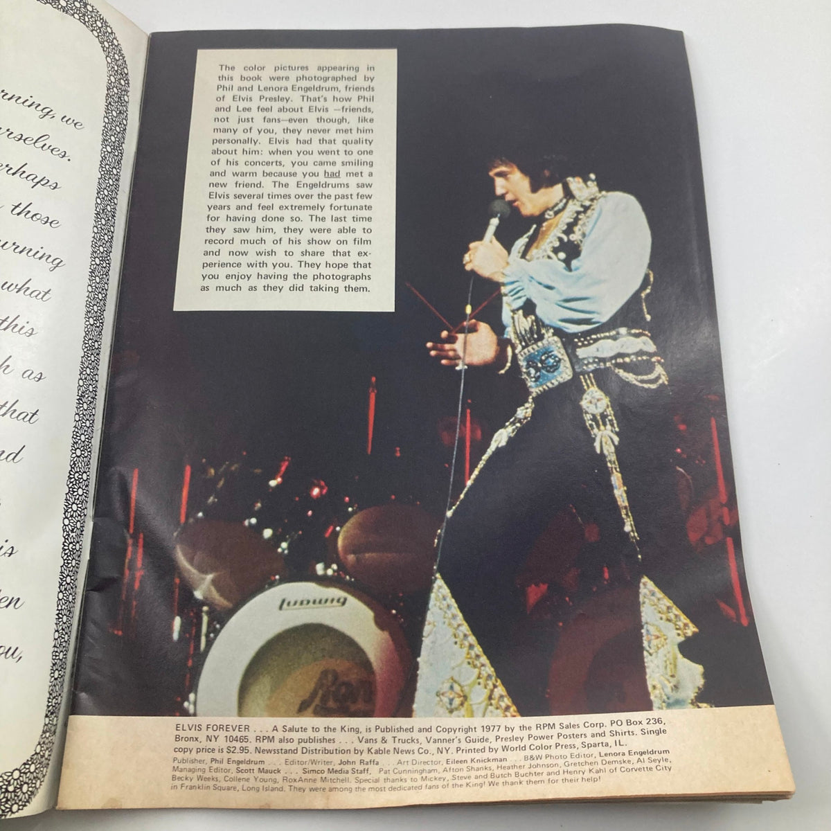 Interior page from VTG 1977 Elvis Forever: A Salute to 'The King' Elvis Presley, showcasing a live performance image of Elvis with his signature outfit, microphone in hand, and drums in the background.