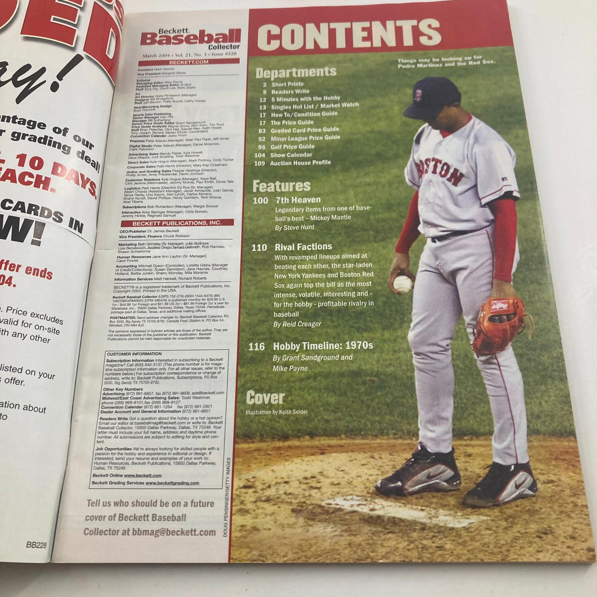 Contents page of Beckett Baseball Collector March 2004 featuring sections on baseball features and a Boston Red Sox player.