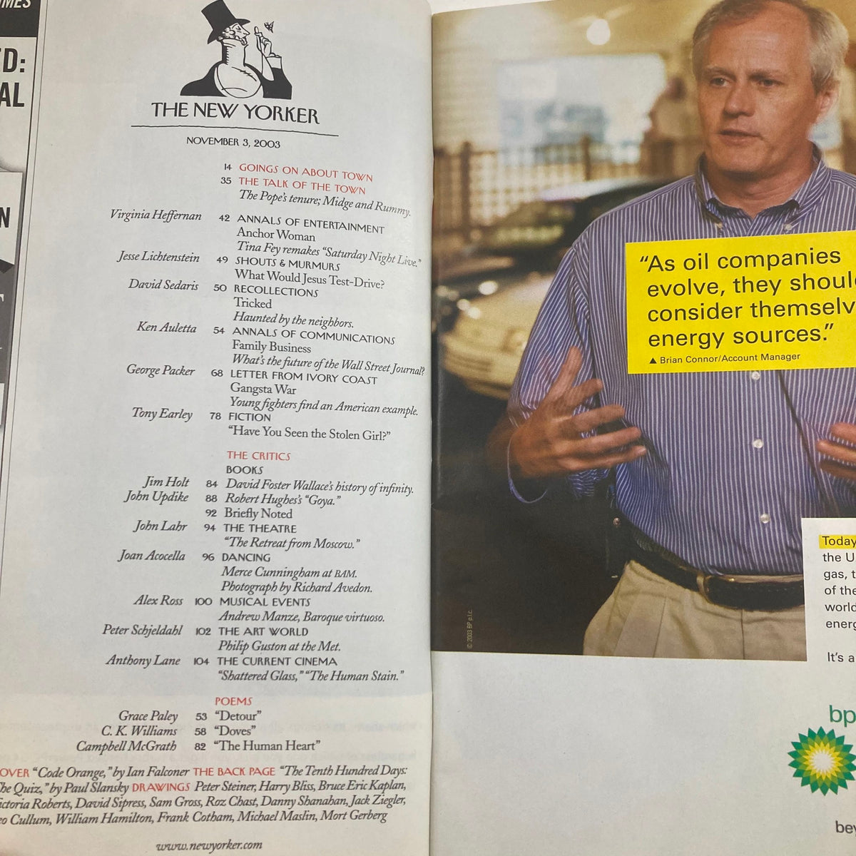 Inside page of The New Yorker Full Magazine November 3 2003 displaying a list of contributors and articles, including a feature on Ian Falconer.