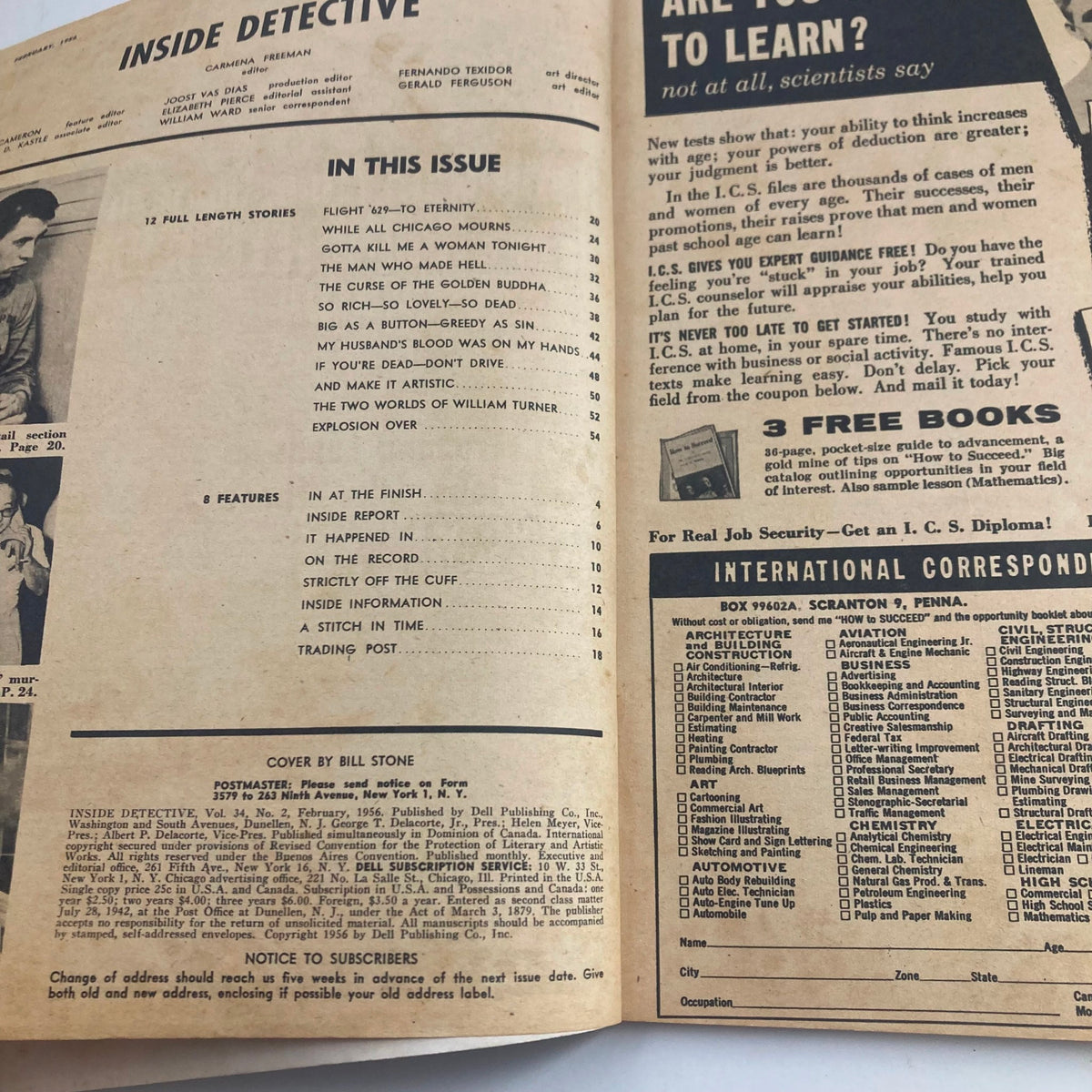 Inside page of VTG Inside Detective Magazine February 1956, displaying contents and articles including 'The Man Who Made Hell' and other crime stories.