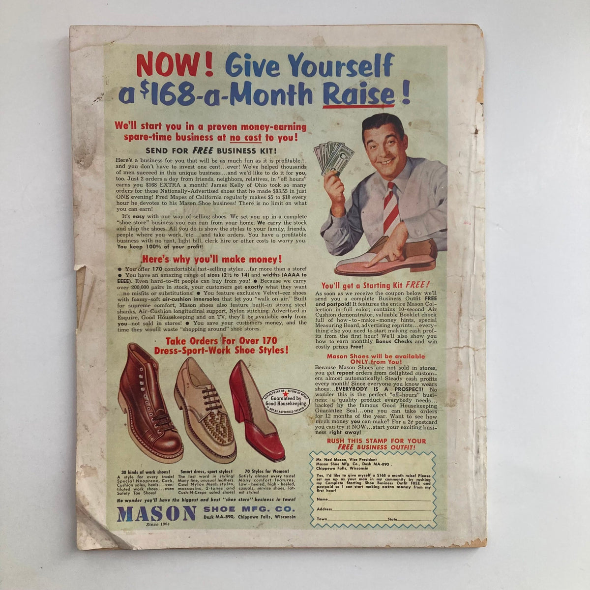Back cover of VTG Inside Detective Magazine February 1956 featuring an advertisement for Mason Shoes business opportunity with visuals of shoe styles and money offer.