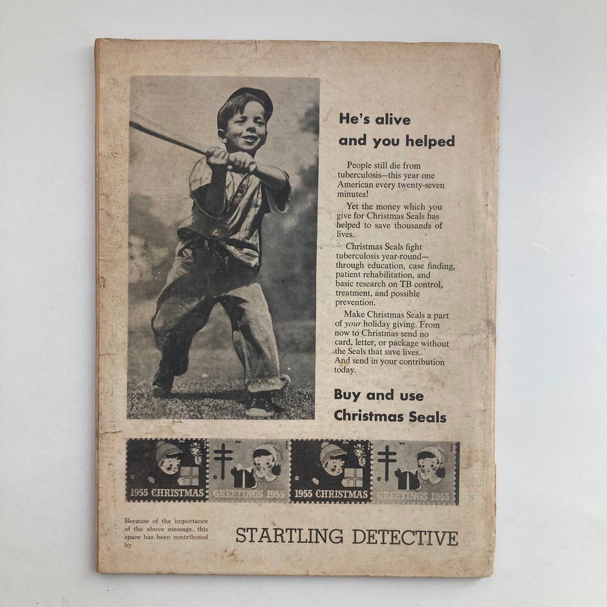 Back cover of VTG Startling Detective Magazine, February 1956, featuring a child with a message about Christmas Seals.