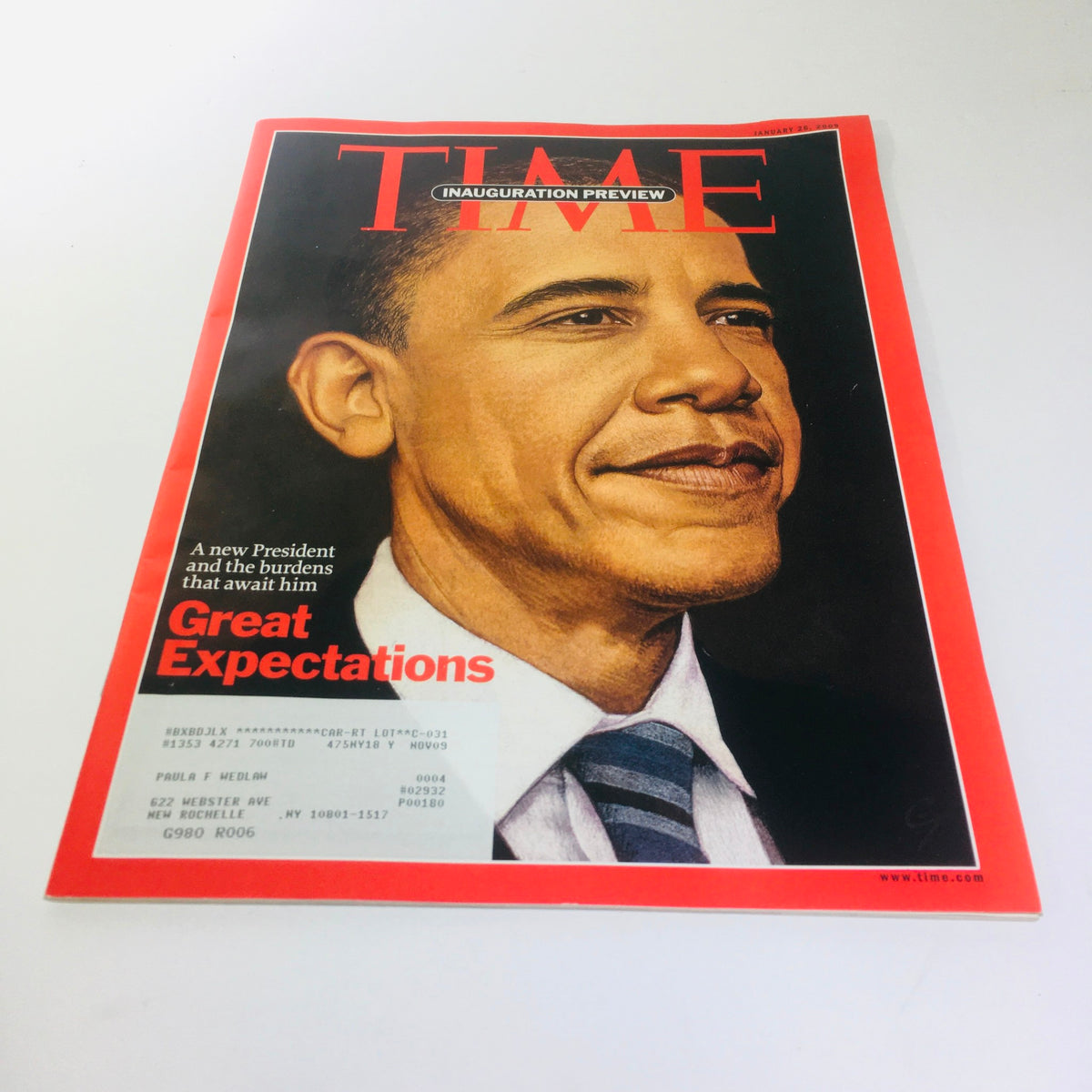 Time Magazine cover from January 26, 2009, featuring Barack Obama with the title 'Great Expectations.' This vintage issue captures a historic moment in American politics, symbolizing the aspirations of Obama’s presidency.