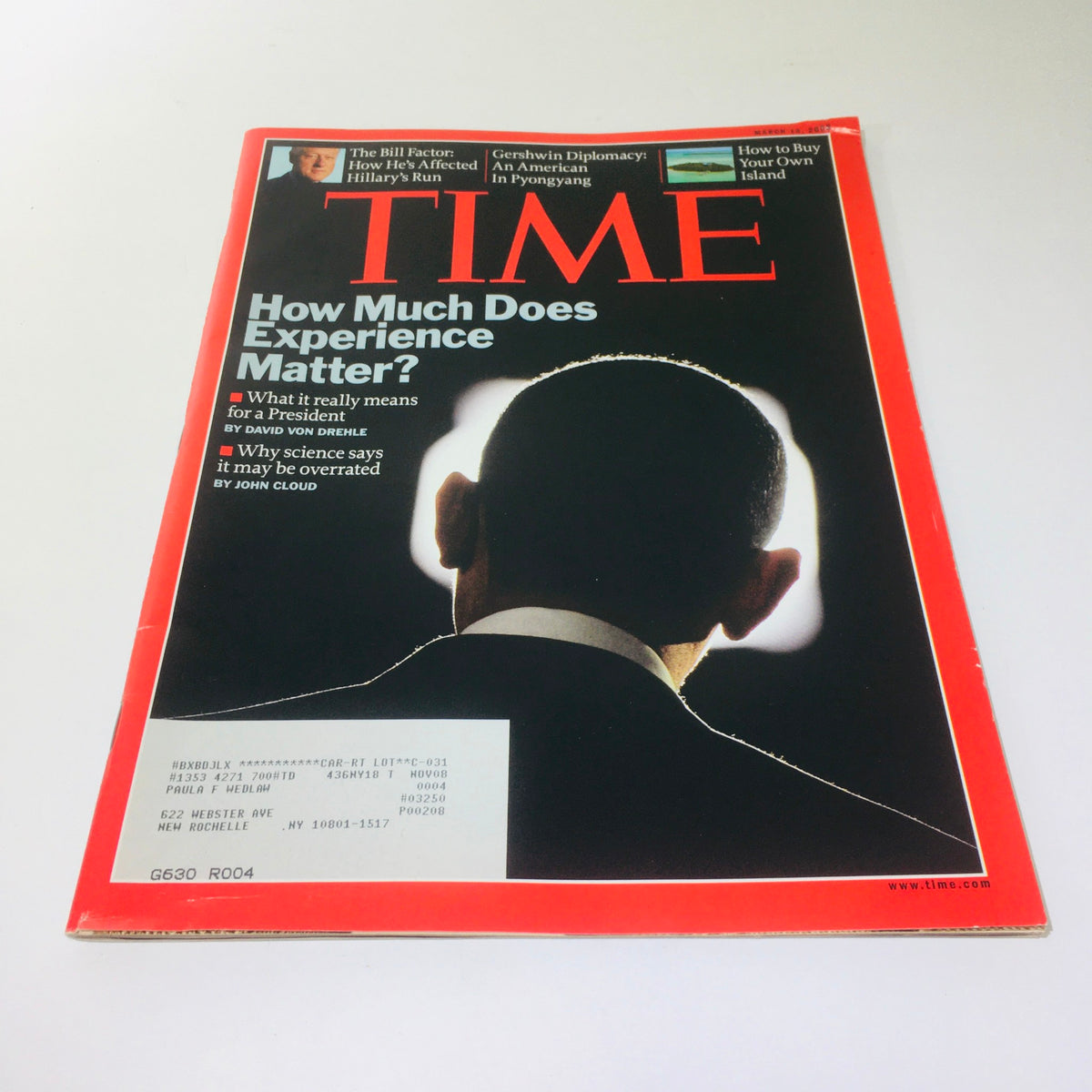 Vintage cover of Time Magazine: March 10, 2008 featuring Barack Obama with the headline 'How Much Does Experience Matter?' The image showcases the silhouette of Obama, providing a striking visual representation of the political landscape during his campaign.