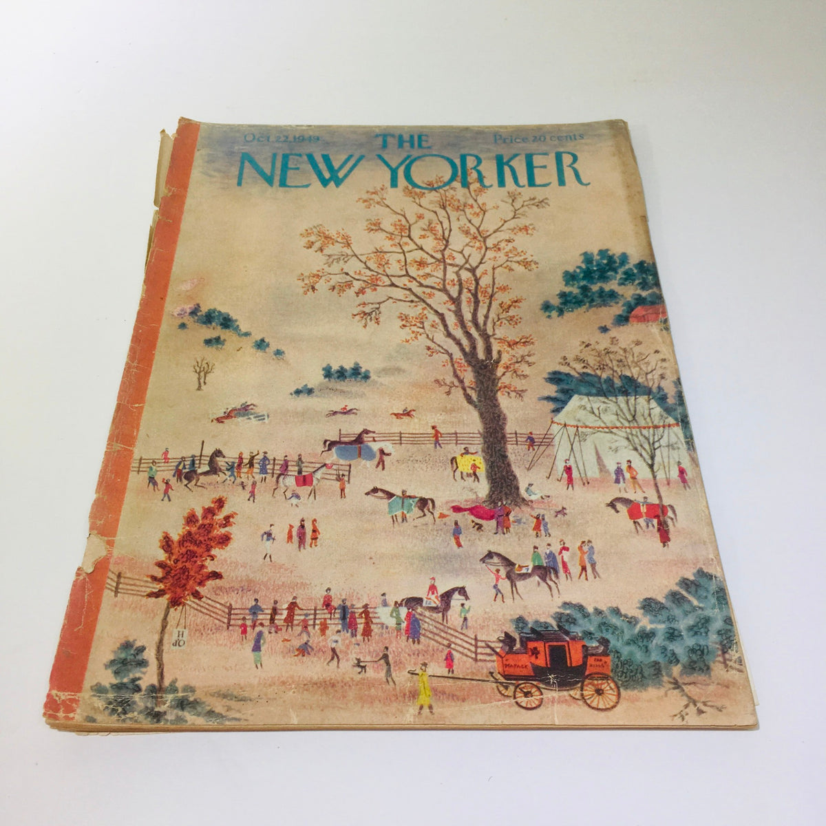 Cover of The New Yorker magazine from October 22, 1949, featuring an illustration by Joseph Low depicting a rural scene with people, horses, and trees, capturing the essence of post-war America.
