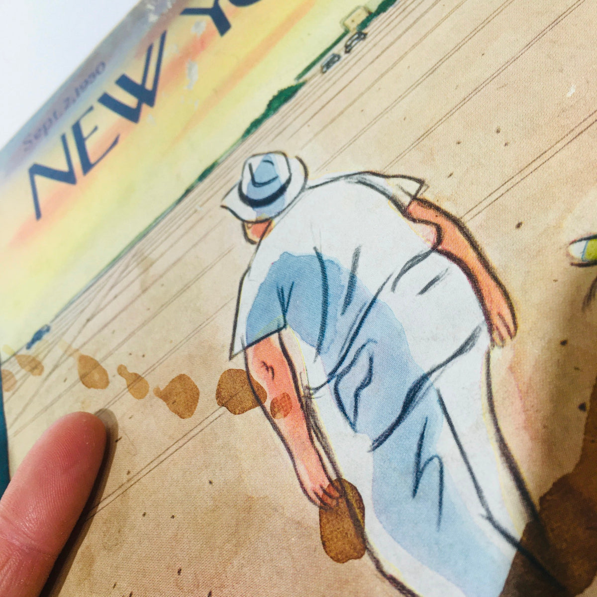 Close-up view of The New Yorker September 2 1950 Full Magazine Theme Cover by Leonard Dove, highlighting a character in a white outfit walking toward the beach.