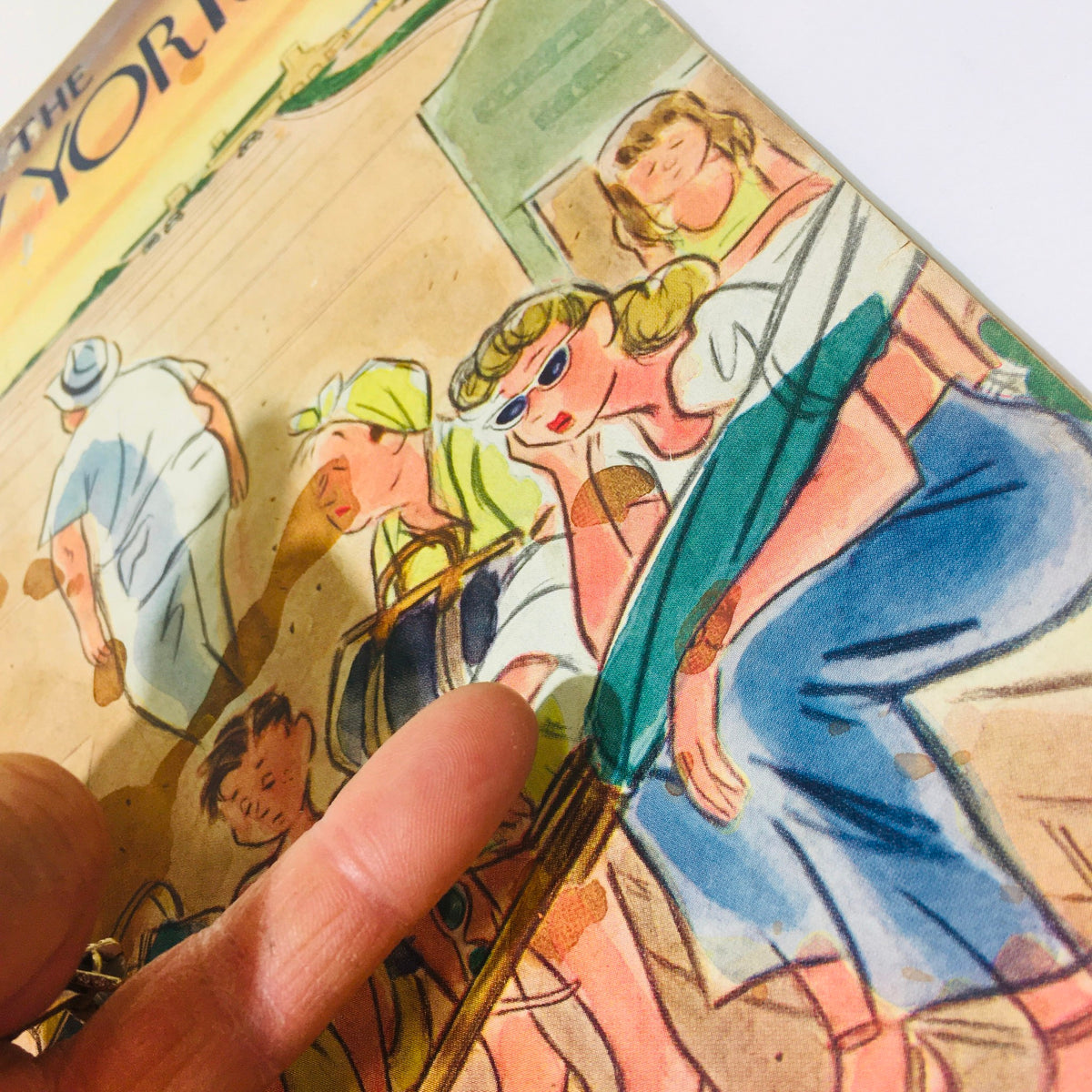 Detailed close-up of The New Yorker September 2 1950 Full Magazine Theme Cover by Leonard Dove, showcasing several beachgoers, one wearing sunglasses, capturing the relaxed summer vibe.