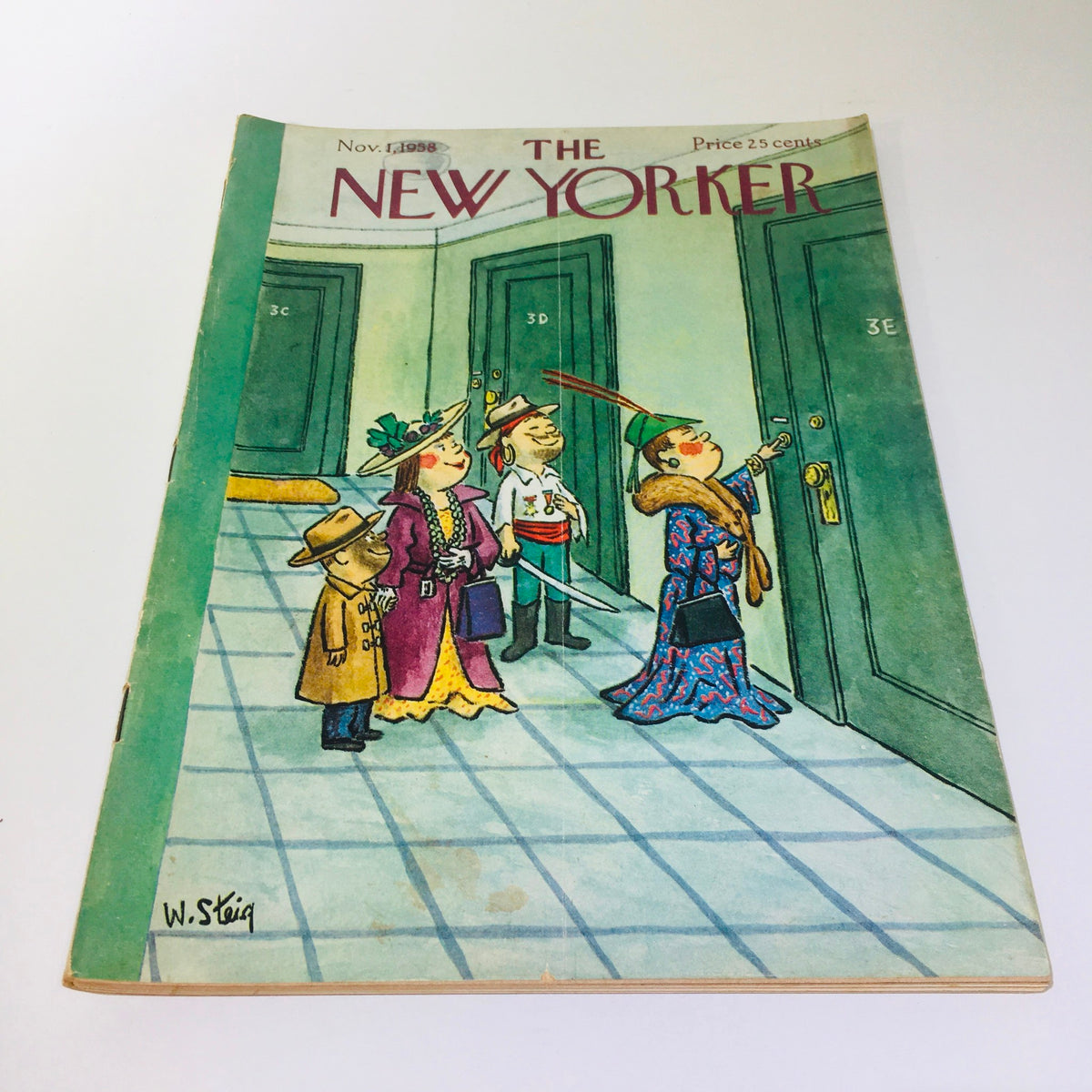 Cover of The New Yorker Magazine dated November 1, 1958, featuring whimsical illustrations by William Steig, depicting characters in vibrant outfits about to enter a building.