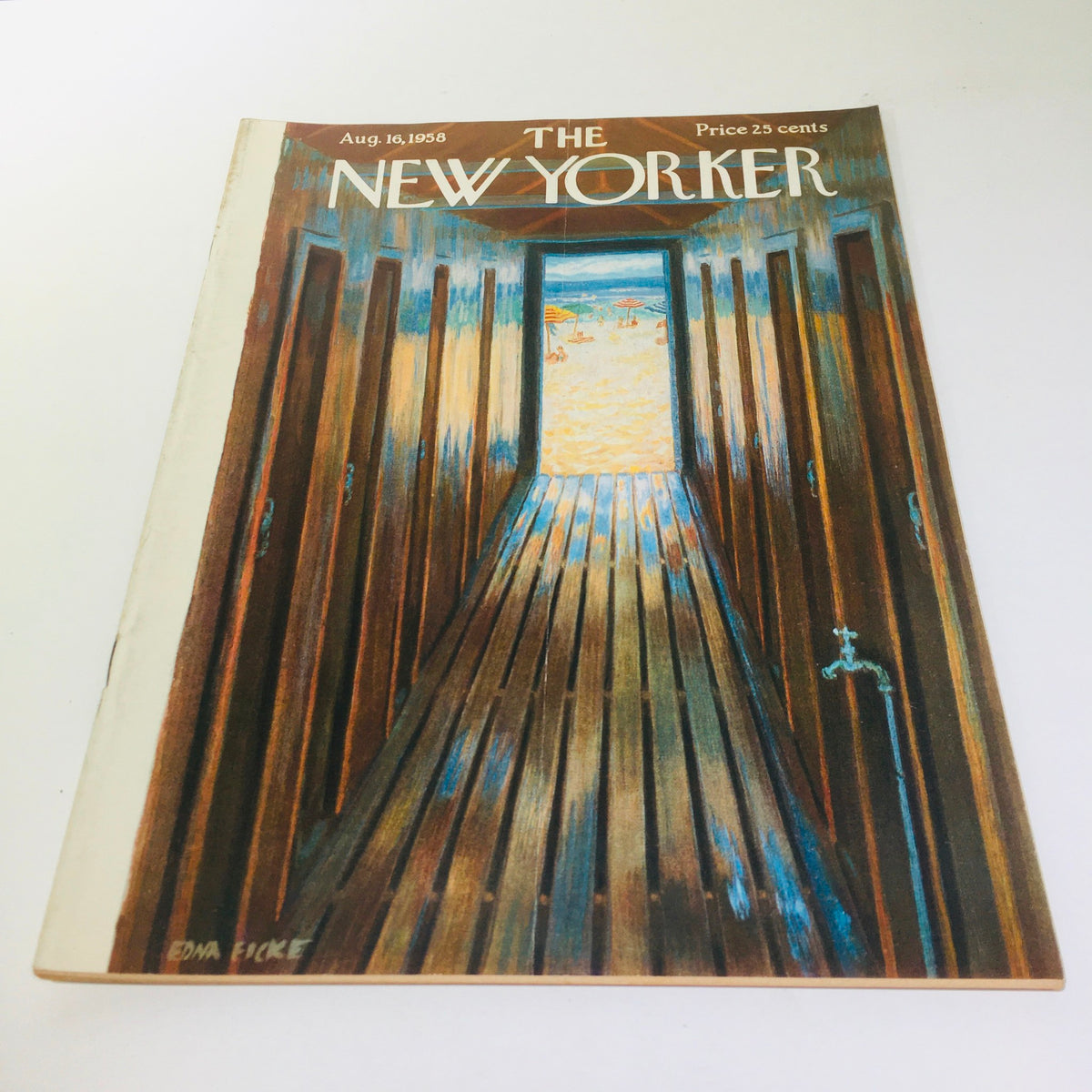 Cover of The New Yorker magazine, August 16, 1958, featuring a captivating illustration by Edna Eicke, depicting a beach view through a wooden doorway.