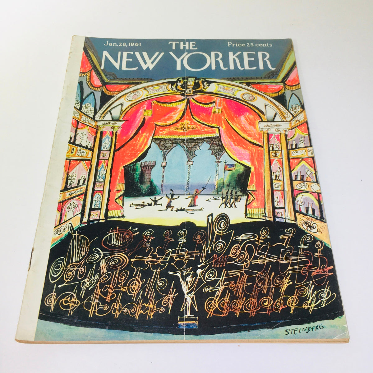 The New Yorker Magazine January 28, 1961 cover featuring an artistic illustration by Saul Steinberg, depicting a theater stage with vibrant colors and intricate details.