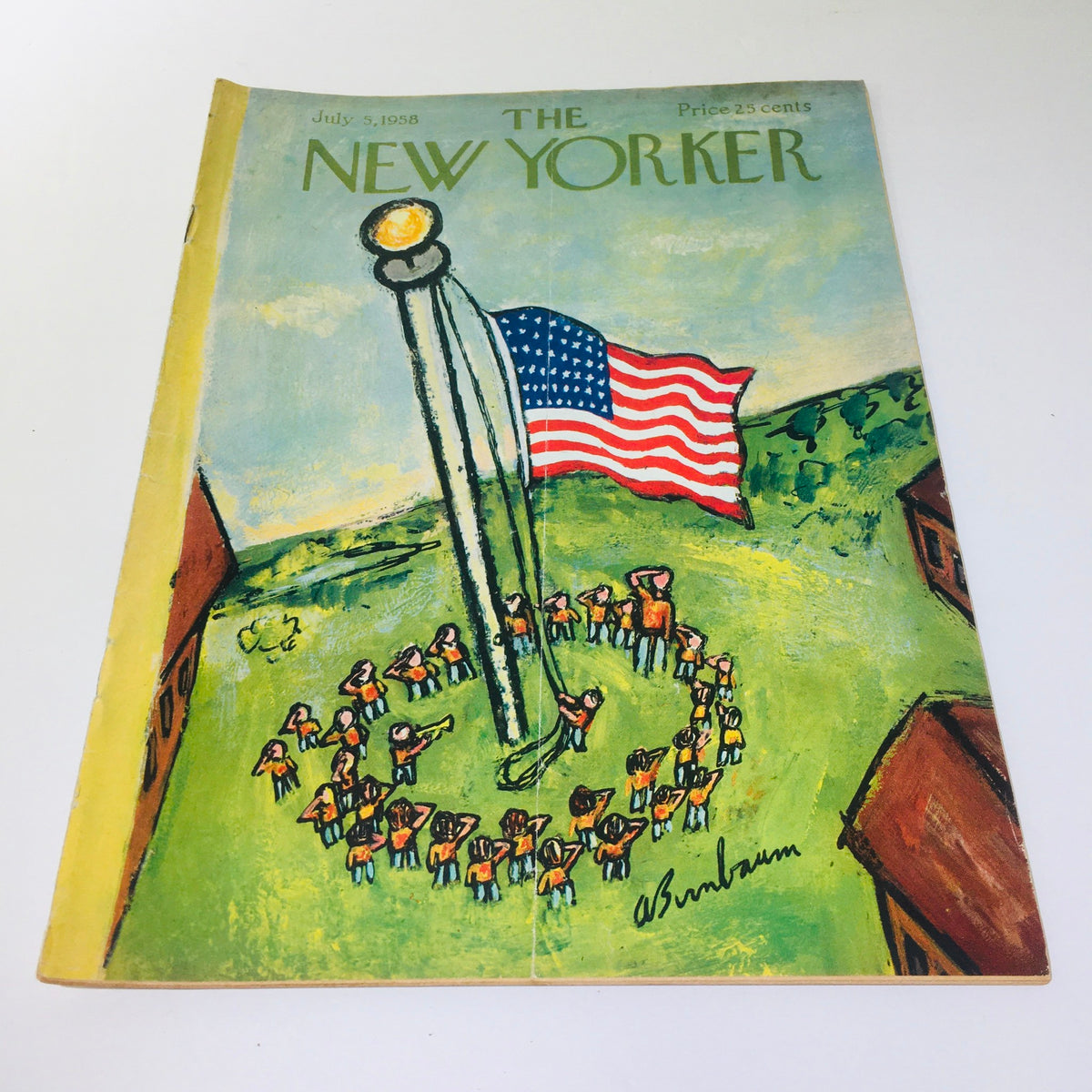 The New Yorker: July 5 1958 magazine cover featuring a colorful illustration by Abe Birnbaum, depicting a flagpole with an American flag and a circle of children in celebration.