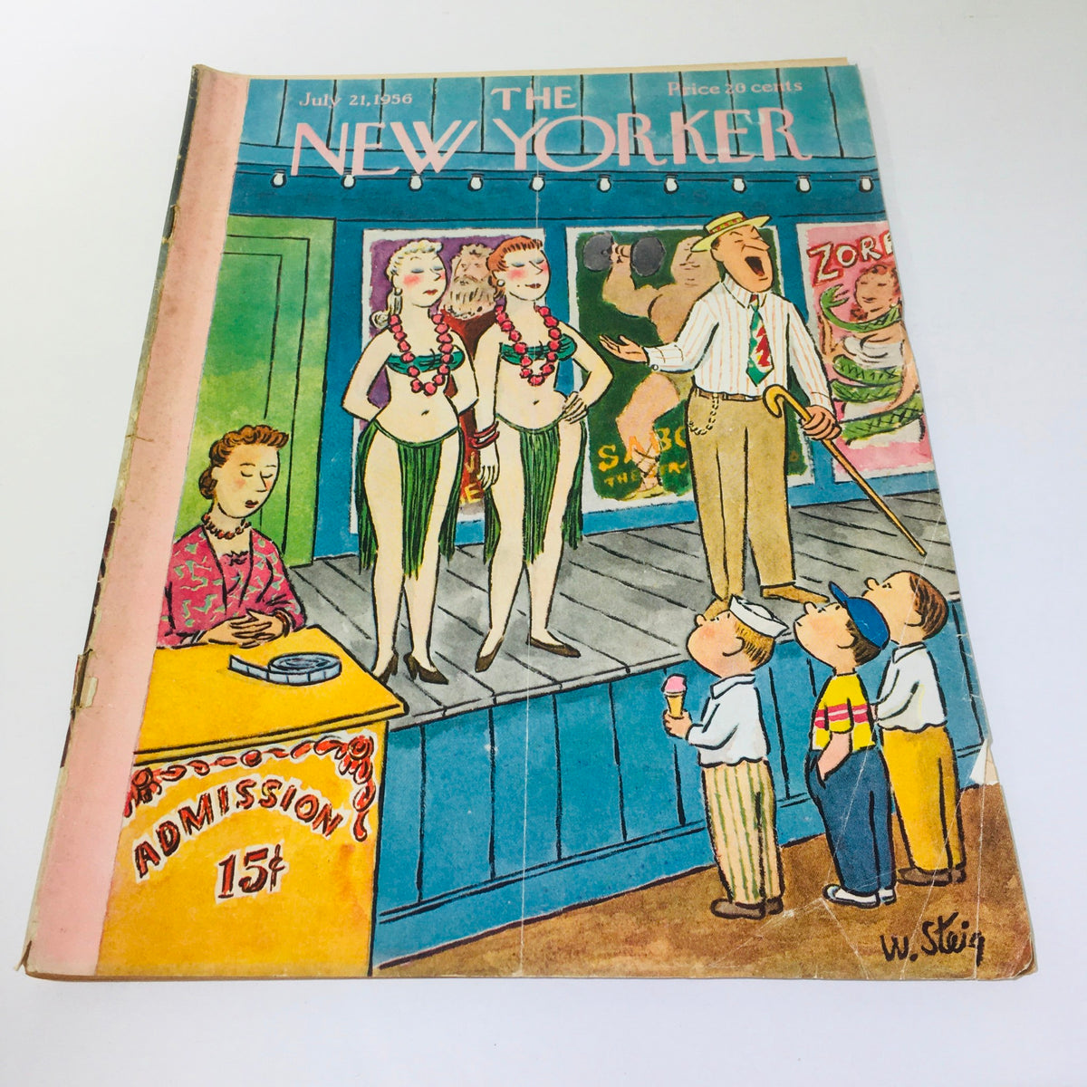 Image of The New Yorker Magazine July 21 1956 cover featuring a colorful illustration by William Steig depicting performers and curious onlookers, showcasing mid-20th century art style.