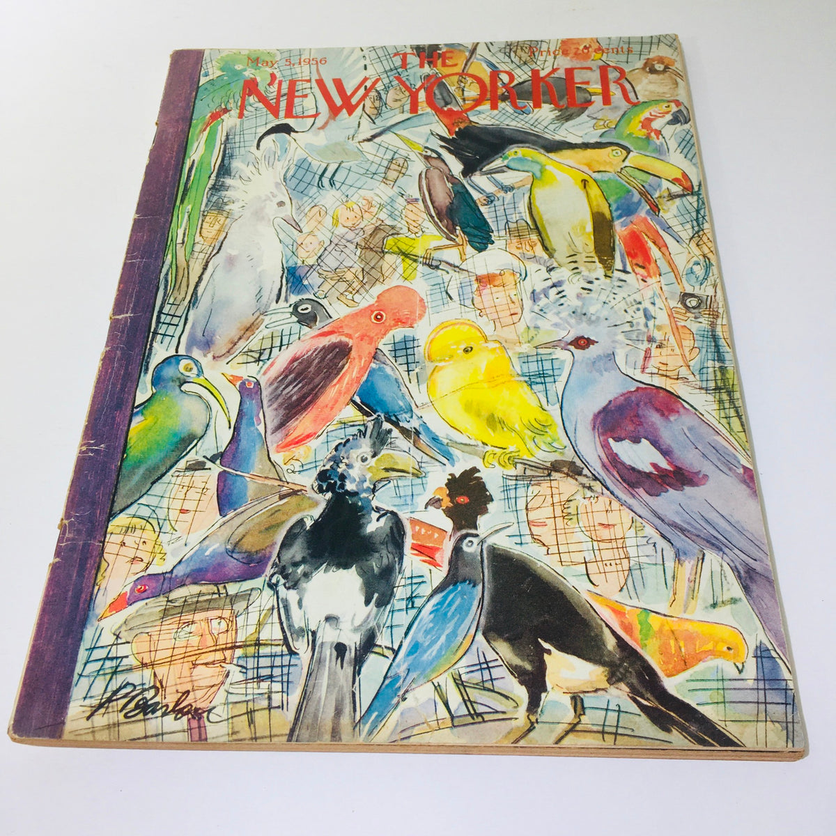 The New Yorker Magazine May 5 1956 full theme cover illustrated by Perry Barlow featuring colorful birds and mid-century artistic style.