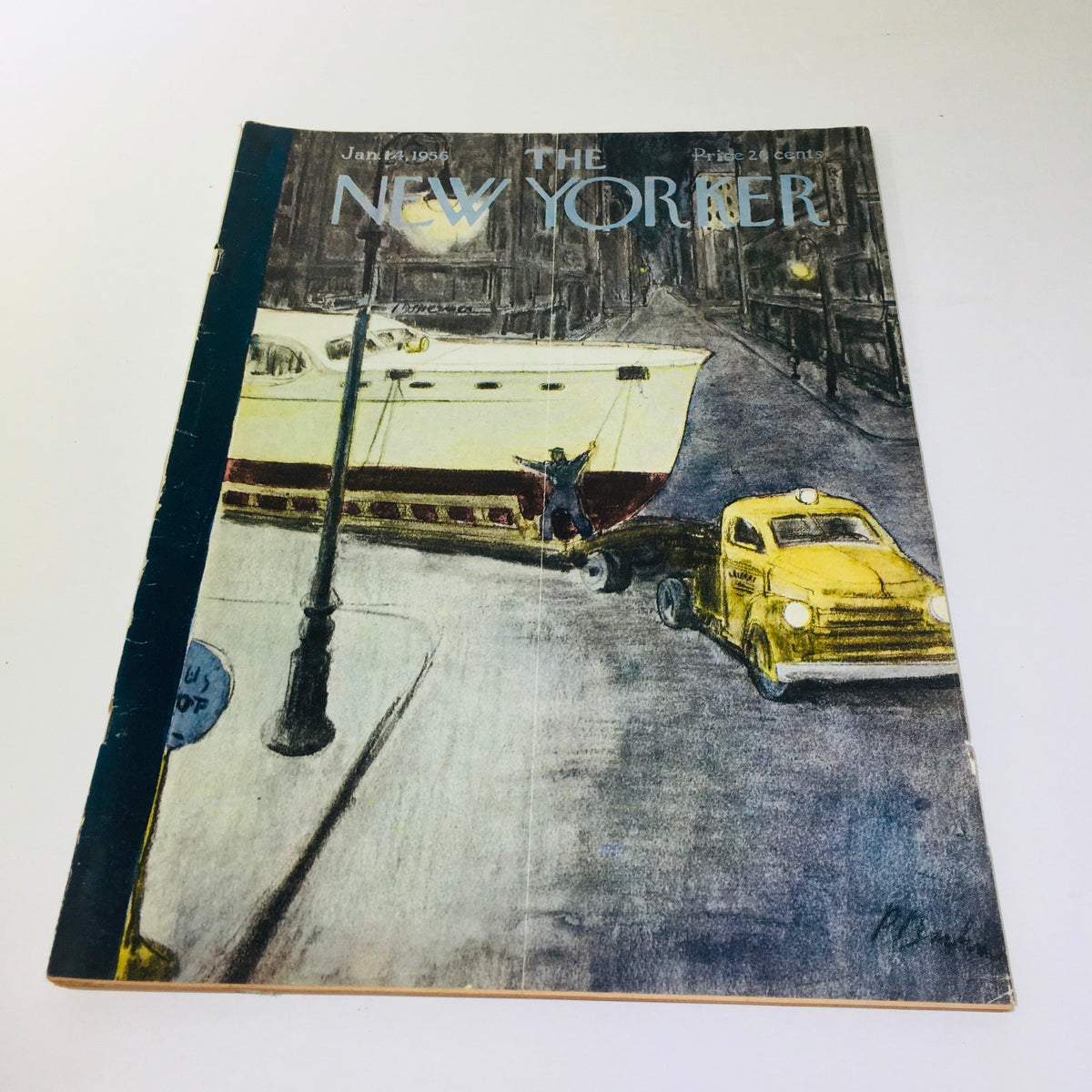 The New Yorker Magazine January 14 1956 Full Theme Cover by Perry Barlow, featuring a vintage illustration of a boat being maneuvered down a city street alongside a classic yellow truck.