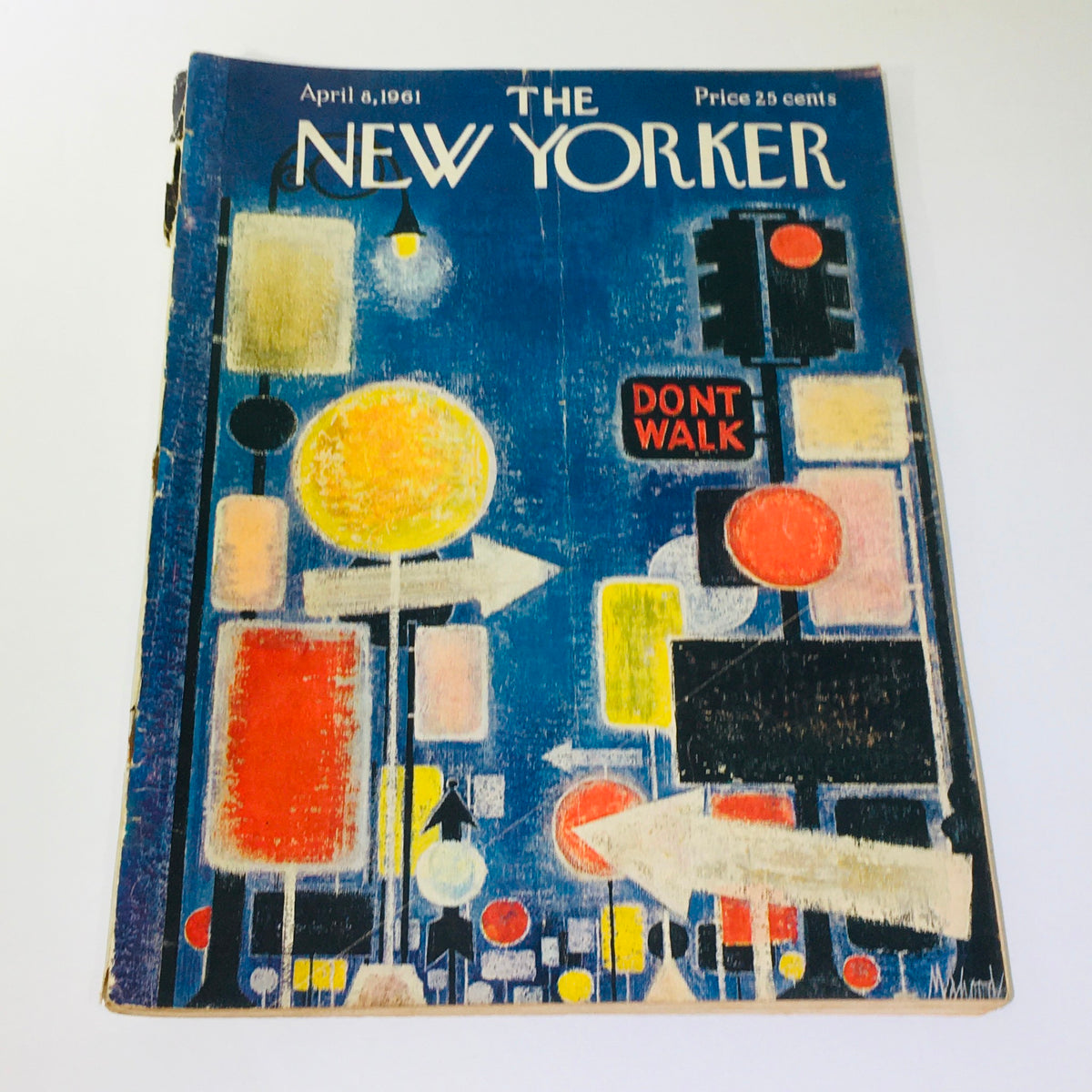 Cover of The New Yorker, April 8, 1961 edition by Kenneth Mahood, featuring vibrant traffic signs and lights against a dark blue background.