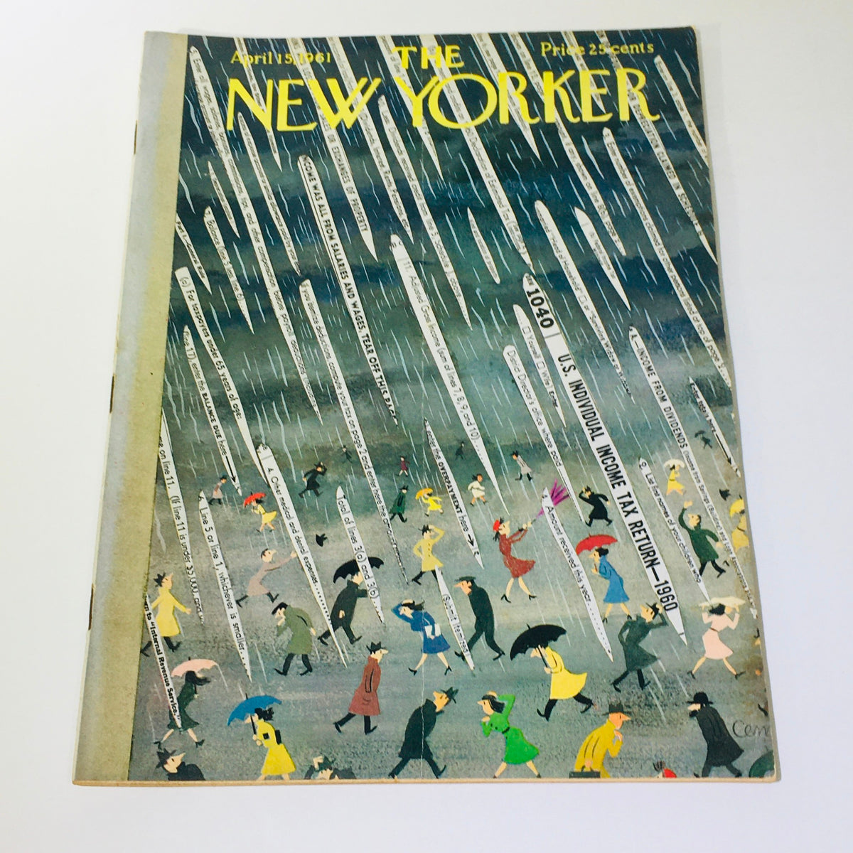 Cover of The New Yorker dated April 15, 1961, featuring a theme illustration by Charles E. Martin, depicting people in the rain with umbrellas amidst an artistic design of falling tax forms.
