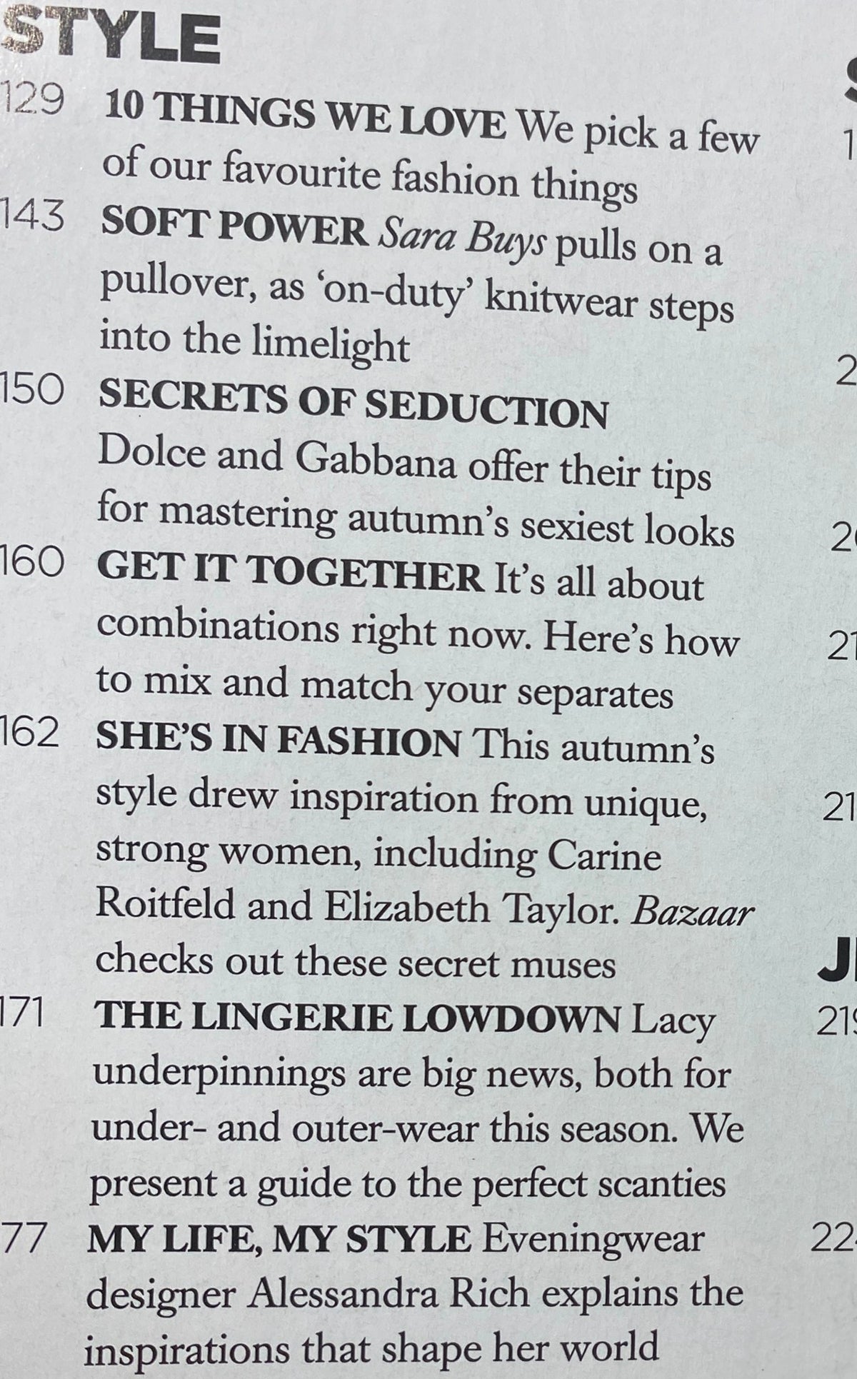 Interior page of Harper's Bazaar UK Magazine September 2011 featuring fashion highlights including style tips and seasonal favorite trends.