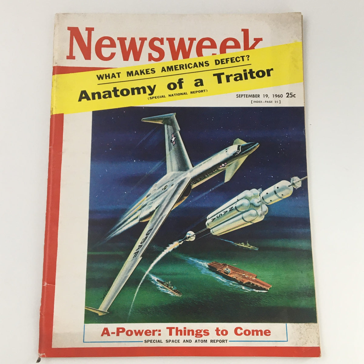 VTG Newsweek Magazine September 19 1960 Special Space & Atom Report showcasing an illustrated cover featuring a futuristic aircraft and spacecraft, labeled with headlines discussing the 'Anatomy of a Traitor' and 'A-Power: Things to Come'. The magazine is in good condition with minor wear.
