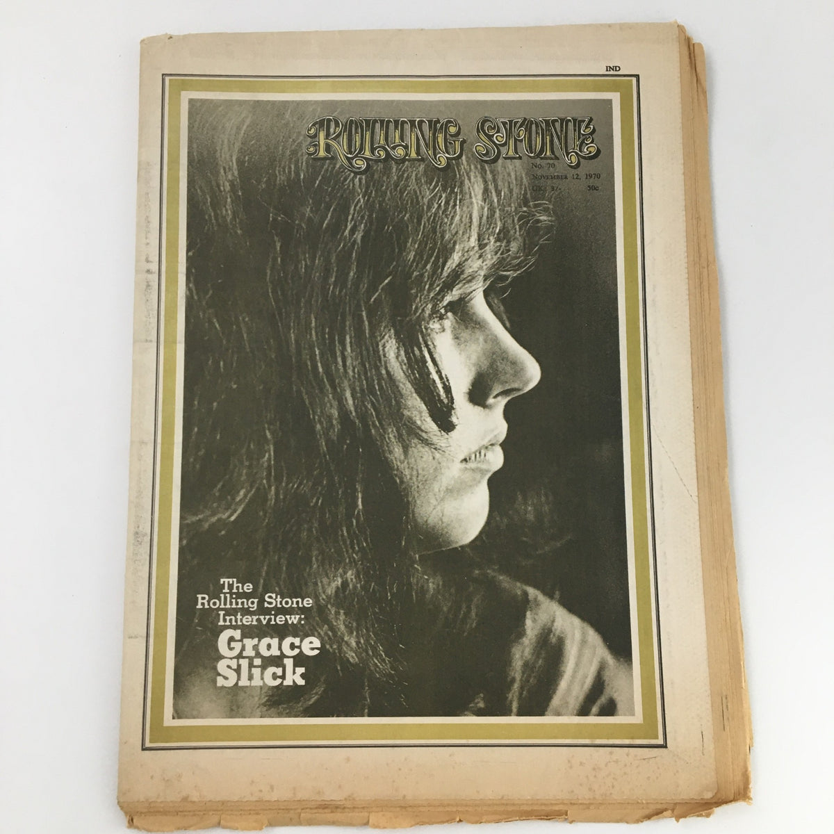 Cover of the VTG Rolling Stone Magazine from November 12, 1970 featuring an interview with Grace Slick. The issue showcases a vintage design and highlights the iconic musician's profile, reflecting the classic rock era.