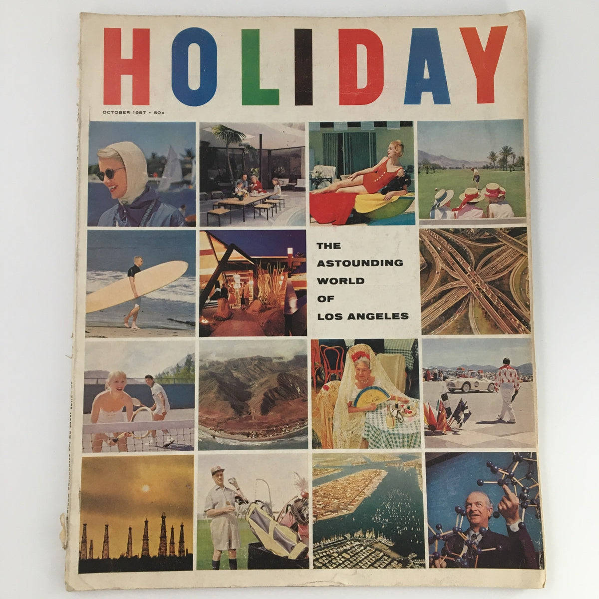 Cover of VTG Holiday Magazine October 1957 featuring colorful collage and the title 'The Astounding World of Los Angeles'.