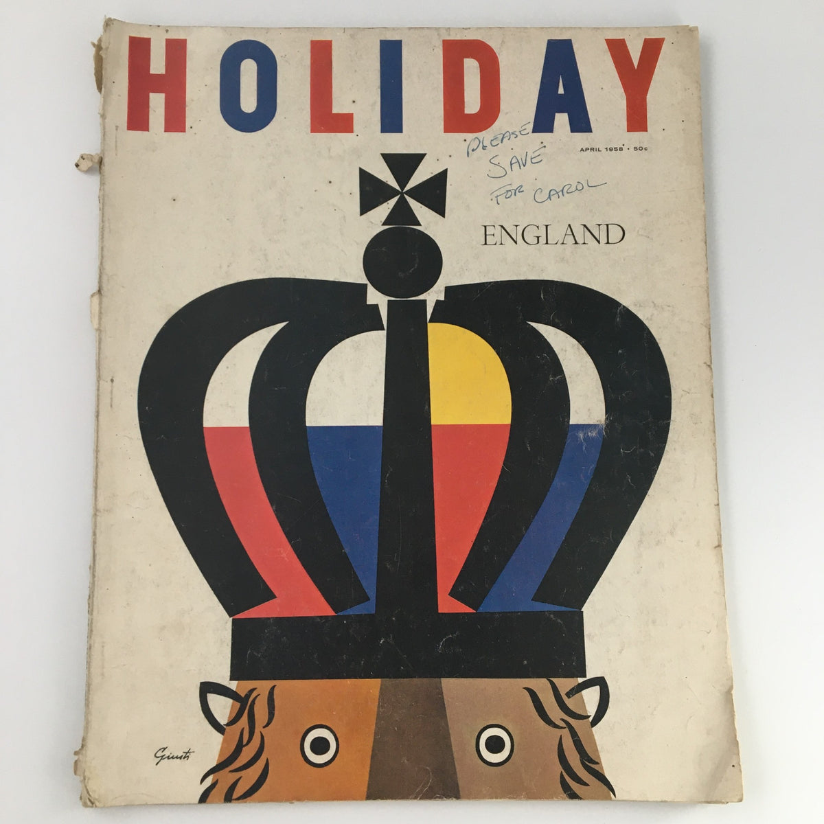 VTG Holiday Magazine April 1958 England with striking crown cover design featuring vibrant colors and eye-catching artwork. Perfect for vintage magazine collectors.