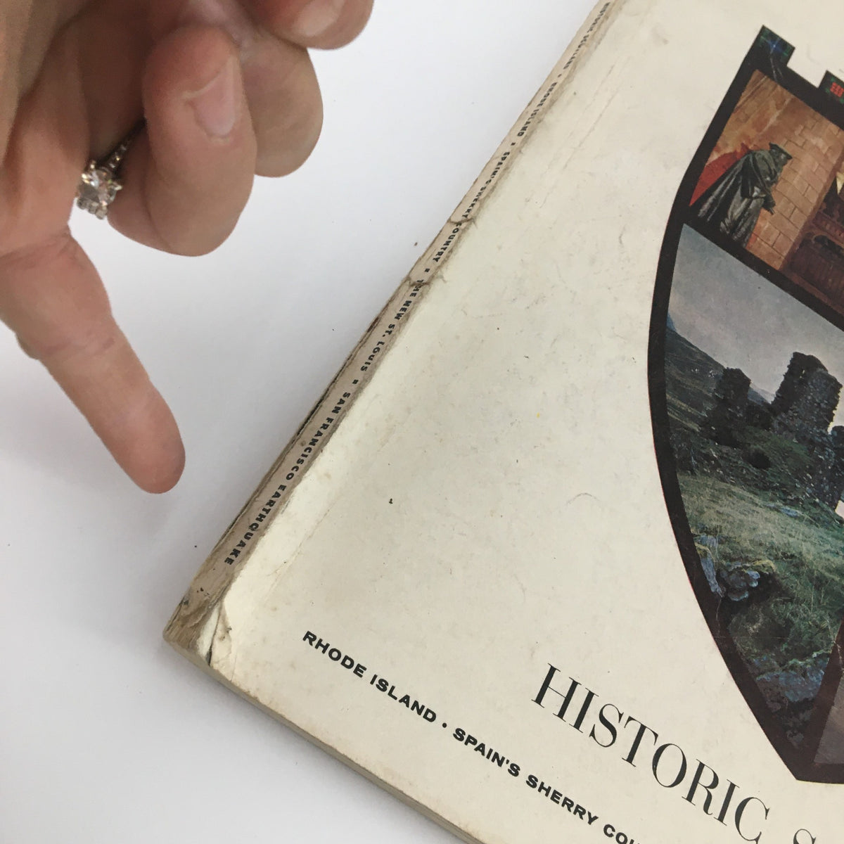 Another close-up detail of VTG Holiday Magazine May 1960, focusing on the historical Scotland theme and magazine edges.