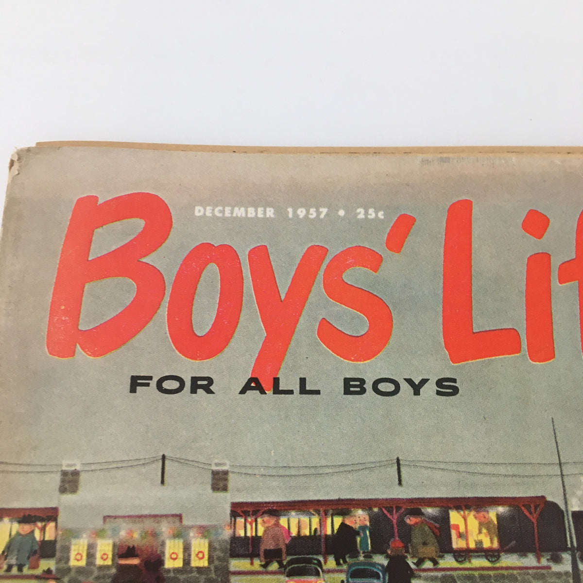 Close-up of Boys' Life Magazine December 1957 title, highlighting 'FOR ALL BOYS' with vintage graphic design representing the era's style.