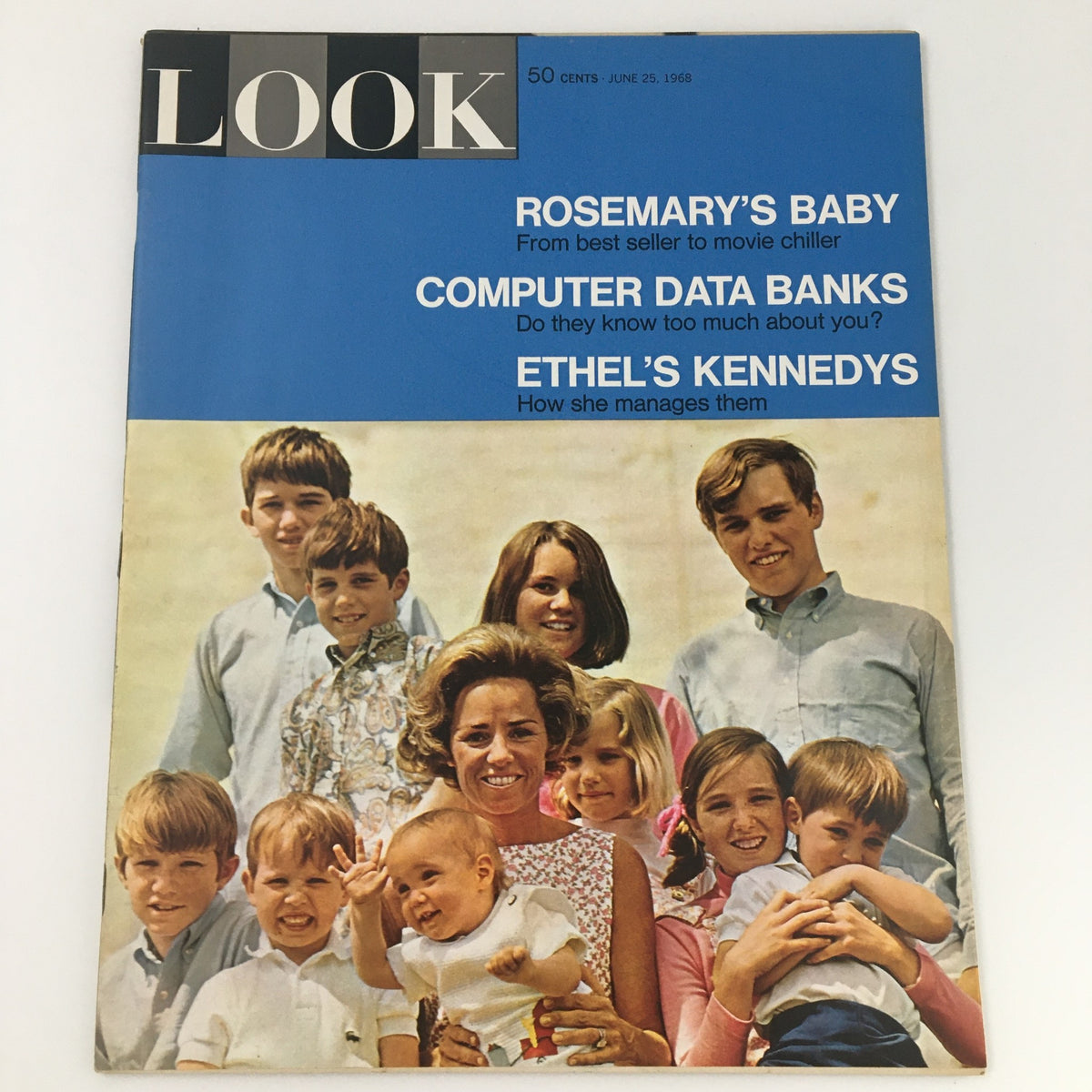 VTG Look Magazine June 25 1968 Ethel and Robert Kennedy Family Cover, featuring Ethel Kennedy surrounded by children on the cover, showcasing a nostalgic moment in American history.
