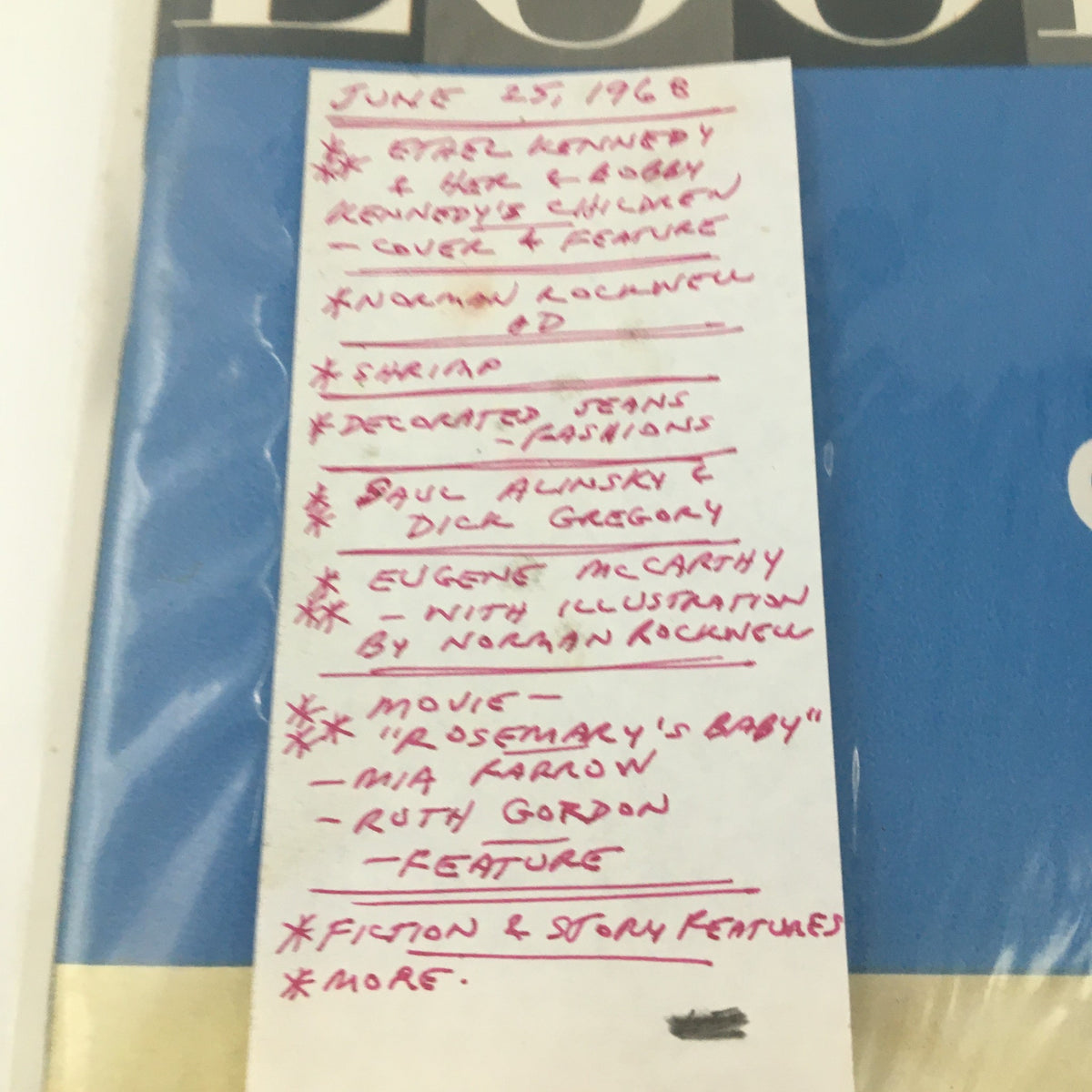Detail of the VTG Look Magazine June 25 1968 cover featuring Ethel and Robert Kennedy Family, showcasing a list of featured articles and advertisements from the issue.