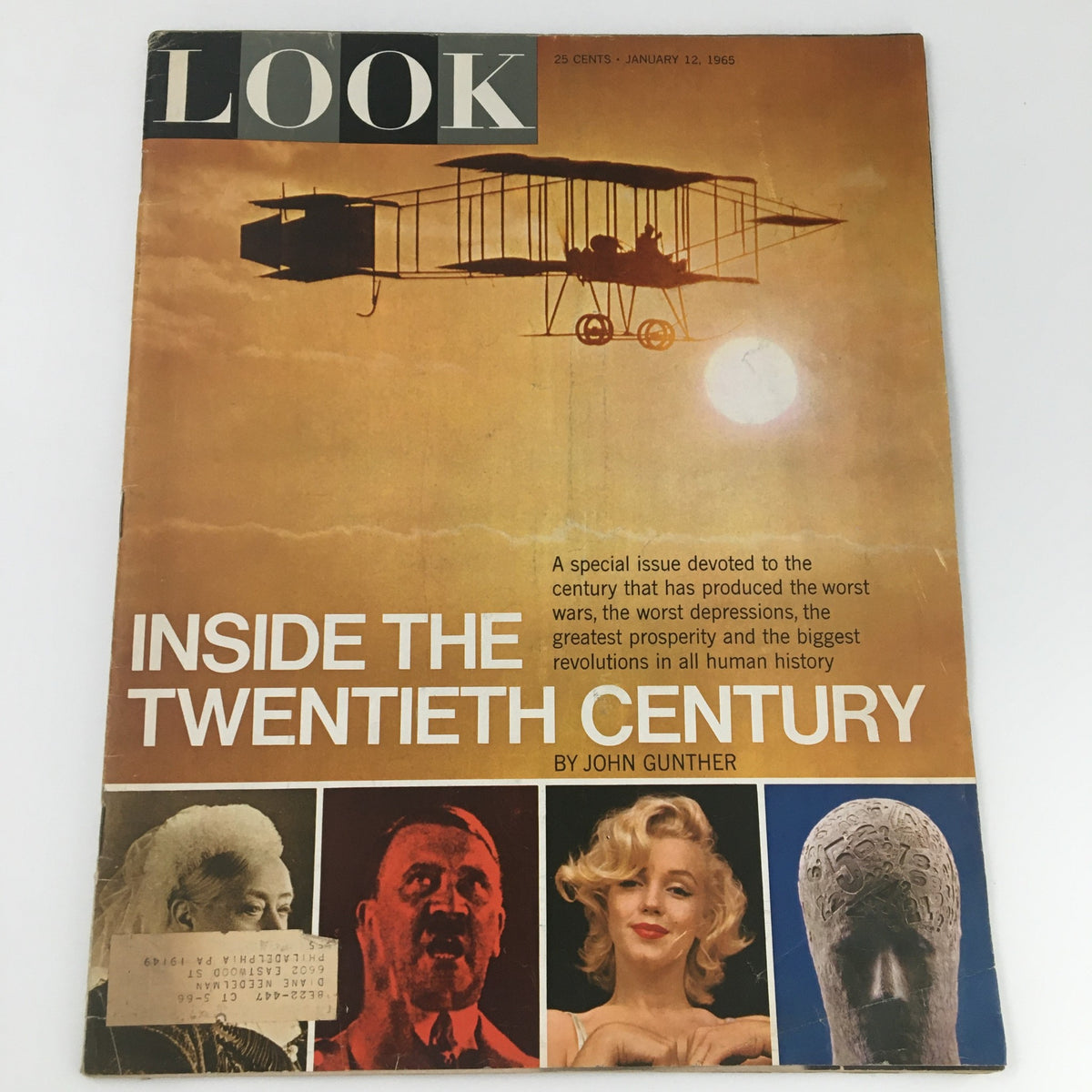 VTG Look Magazine January 12, 1965 cover featuring an illustration of an airplane and icons of significant historical figures, showcasing the theme 'Inside The Twentieth Century'.