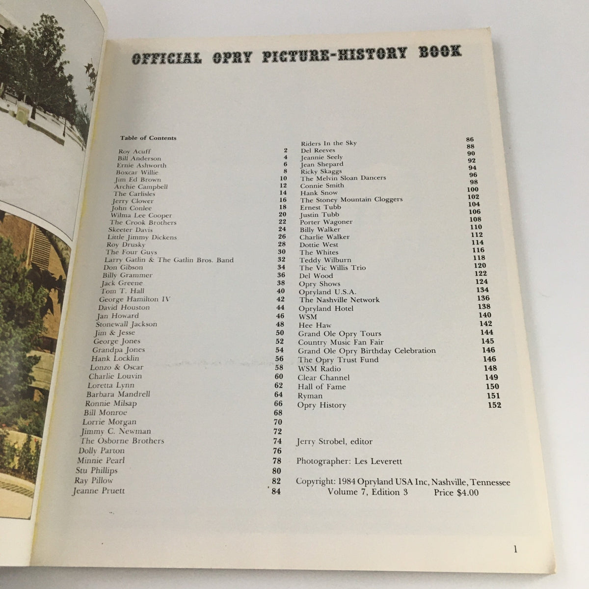 Inside page of VTG 1984 Official Opry Picture-History Book Volume 7 Edition 3 showing the table of contents with featured artists and sections.