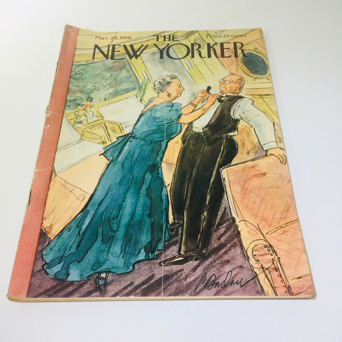 Cover of The New Yorker: March 24, 1956 featuring a colorful illustration by Perry Barlow, showcasing a woman in a blue gown assisting a man with his bow tie, embodying mid-century elegance.