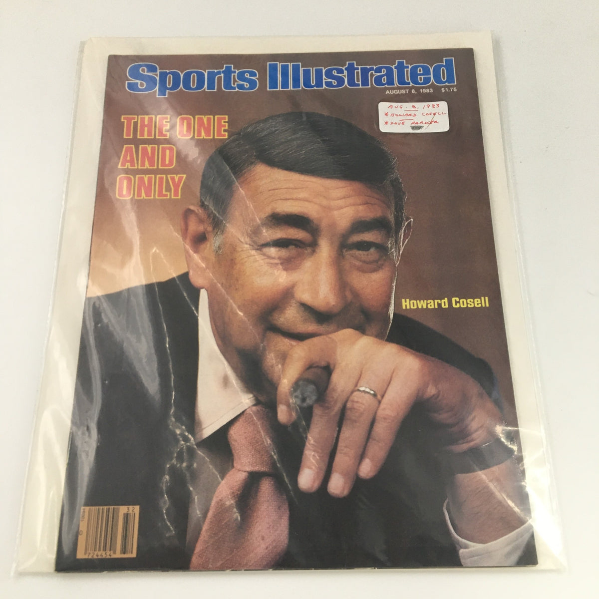 Sports Illustrated Magazine from August 8, 1983, featuring Howard Cosell. The magazine is in protective plastic, showcasing the cover which includes the headline 'The One and Only' and Cosell's image.